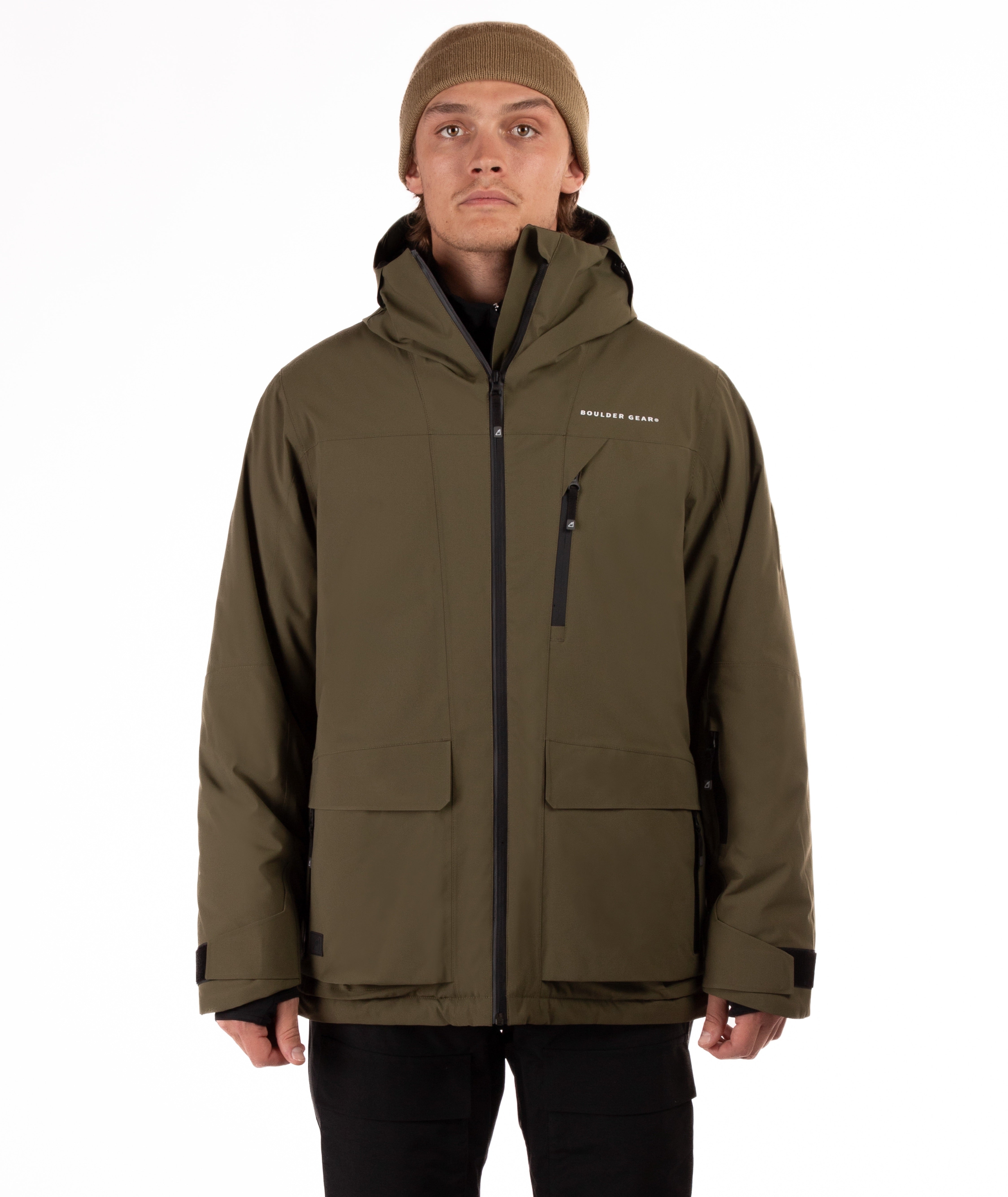 Man wearing a hooded olive green jacket with a brand logo on a white background