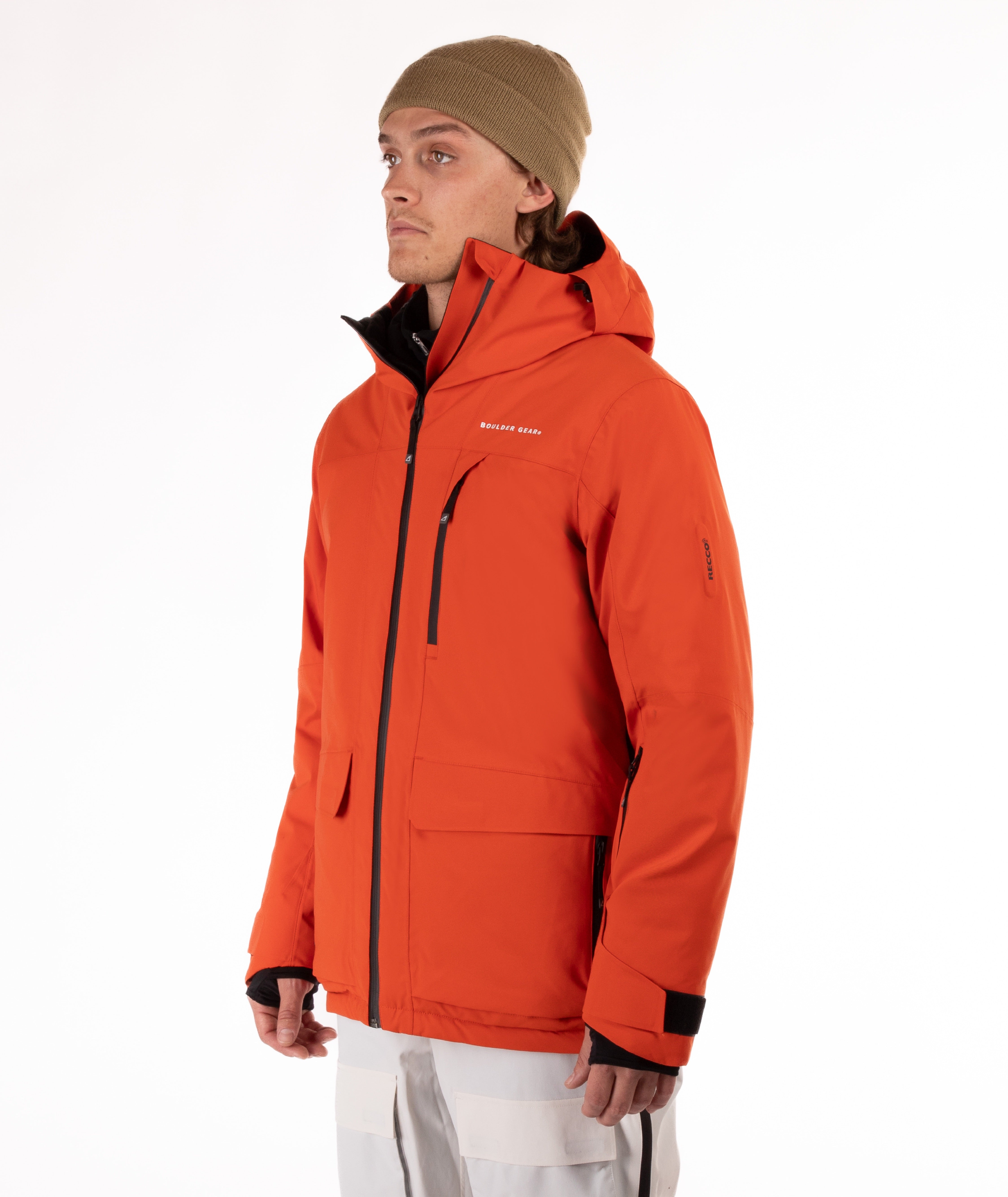 Man wearing a hooded orange jacket with a brand logo on a white background