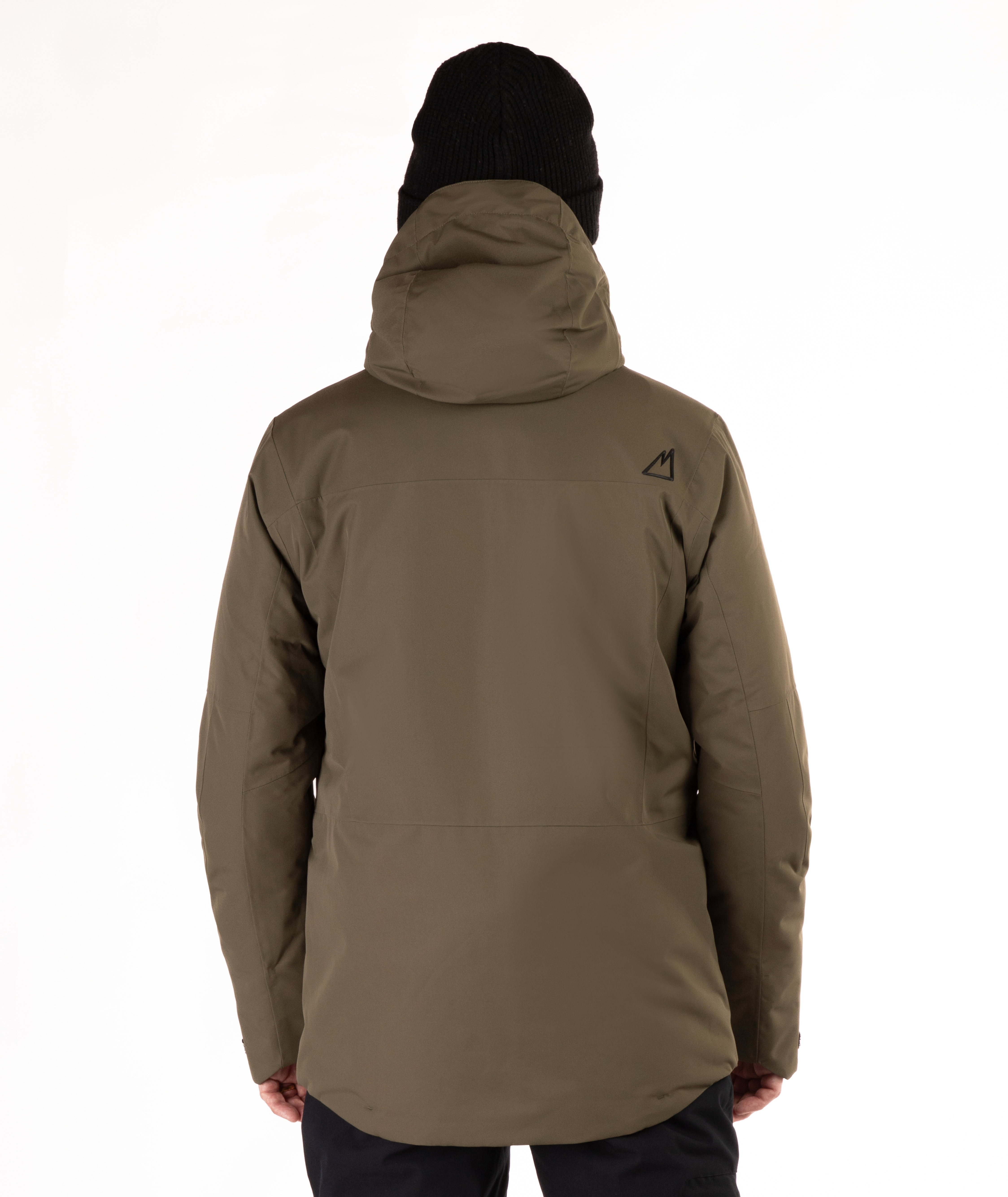 Person wearing a olive green jacket with a brand logo on the back from behind against a white background