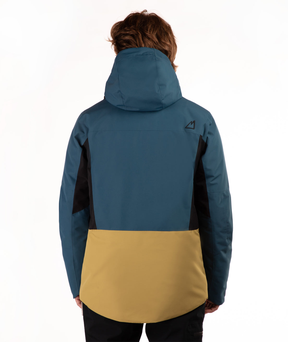 A person shown from the back wearing a color-blocked hooded jacket. The jacket is primarily teal blue on the upper portion and sleeves, with black side panels and a mustard yellow lower panel.
