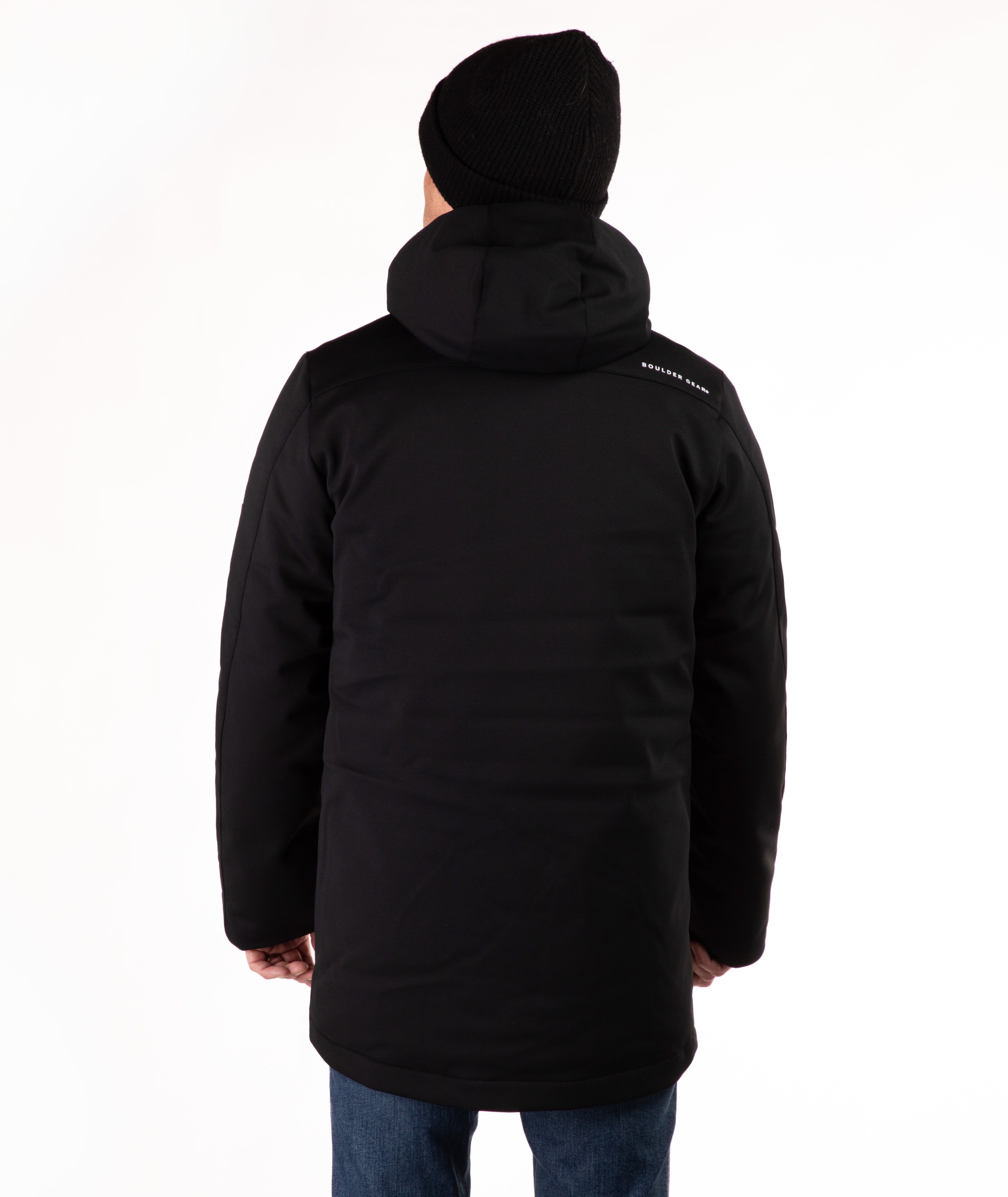 back of Man wearing a black hooded jacket on a white background