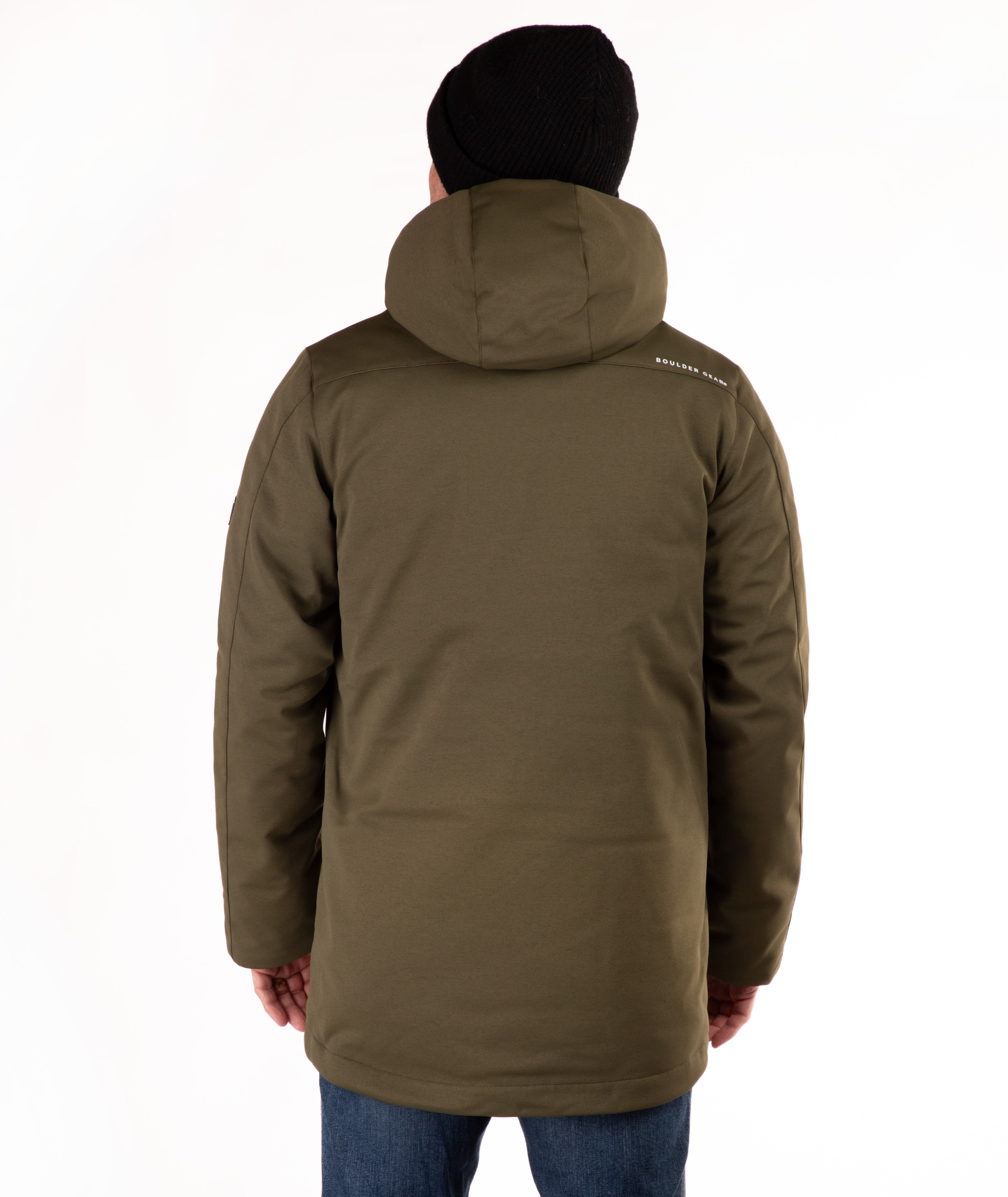 back of man wearing a green hooded jacket and black beanie on a white background