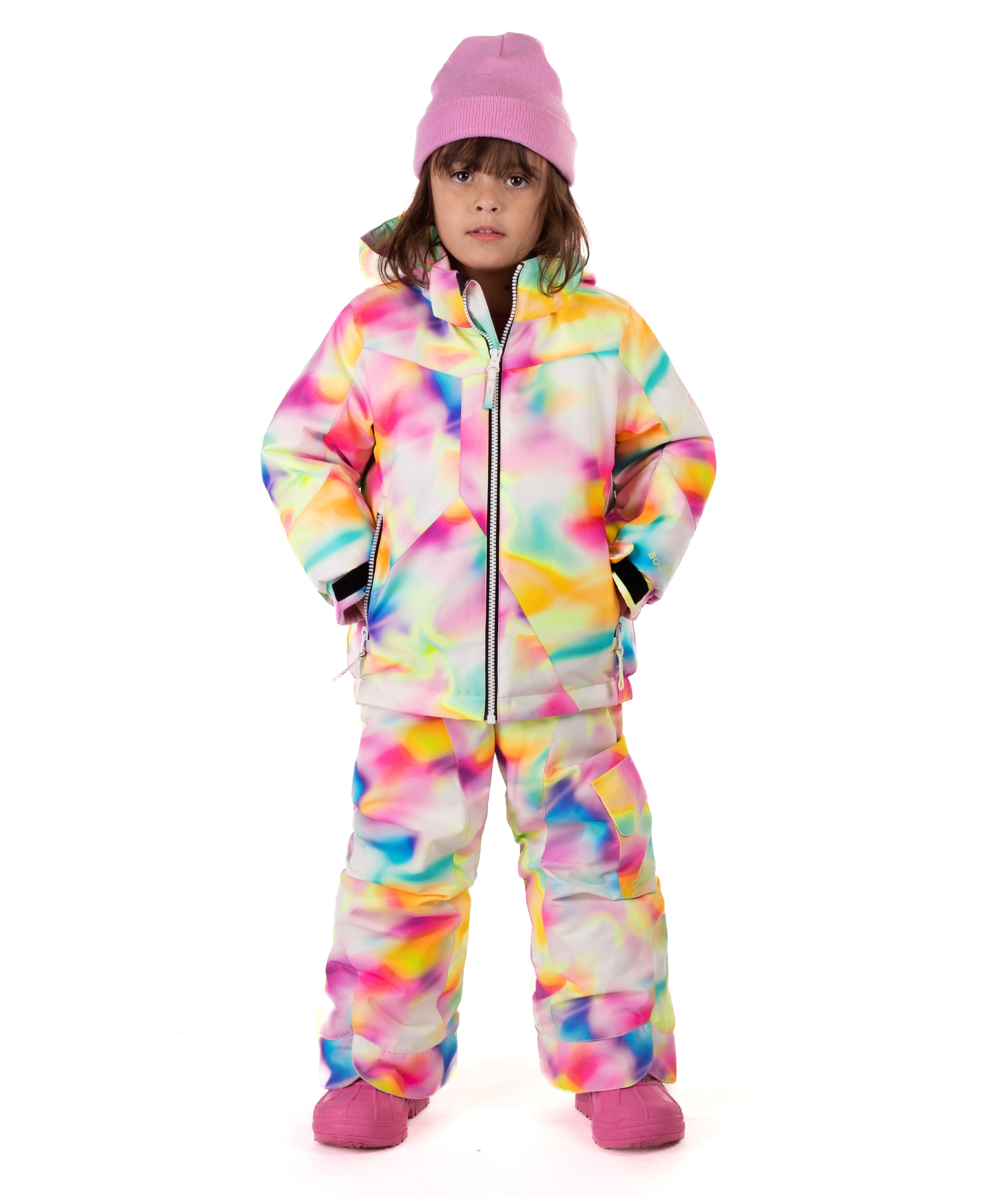 Child wearing a colorful colorful tie-dye winter jacket on a white background.
