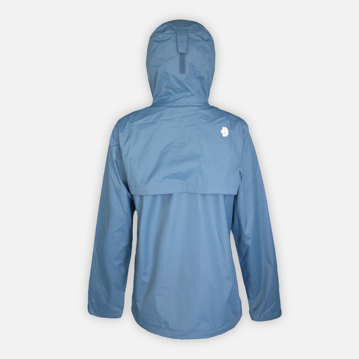 back of a blue jacket with hood on a white background