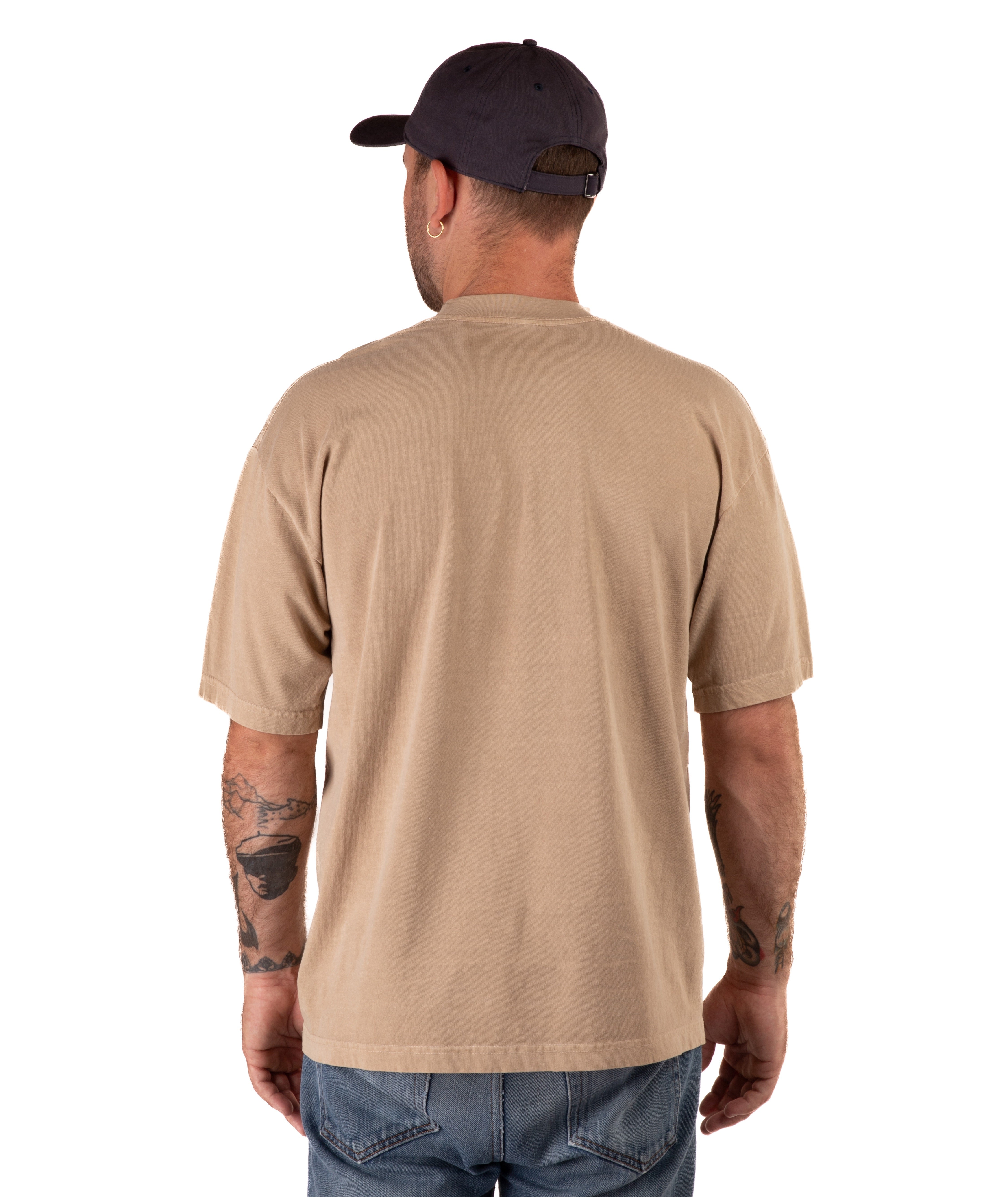 back of a Man wearing a beige t-shirt and blue jeans on a white background
