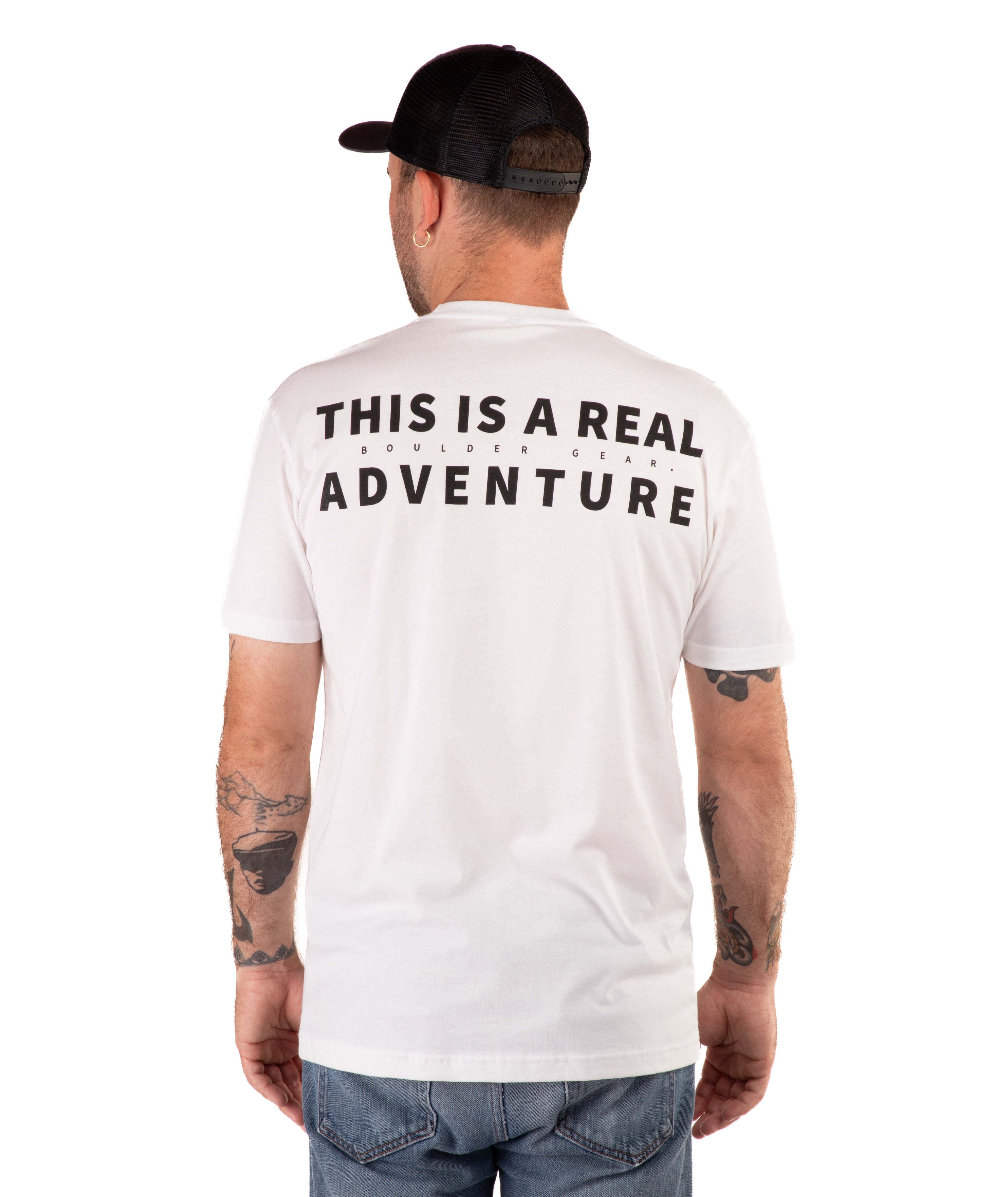 back of a Man wearing a white t-shirt with text and a black cap on a white background