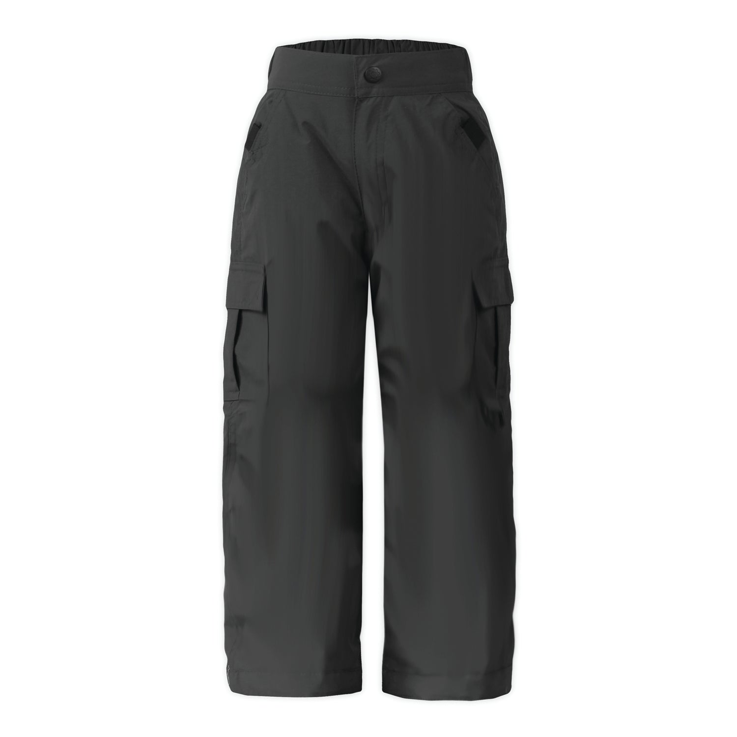 kids sized snow pants in black with cargo pocket on a white background