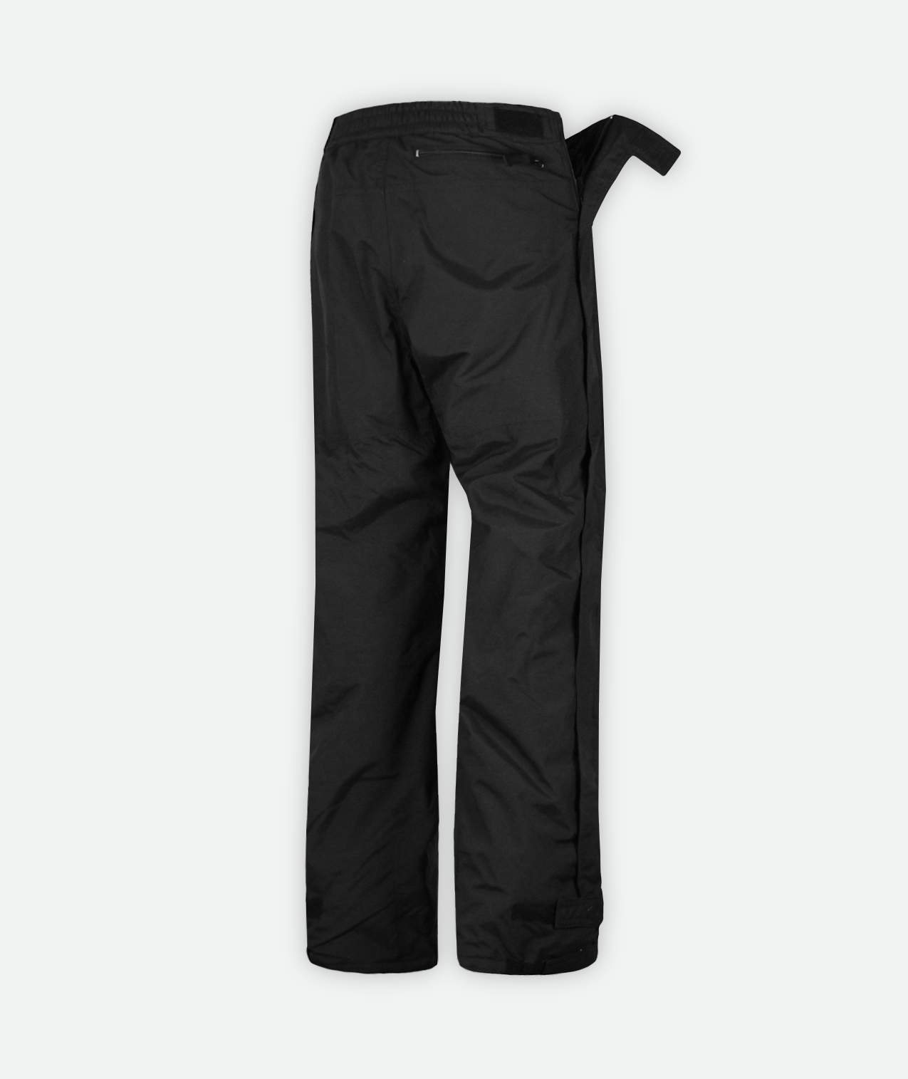 back of a pair of black side zip snow pants on a white background