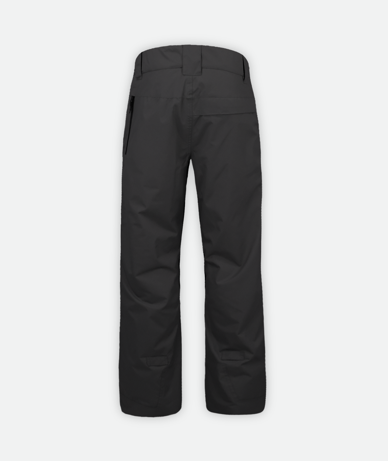 back of a pair of black insulated snow pants with cargo pockets on a white background.