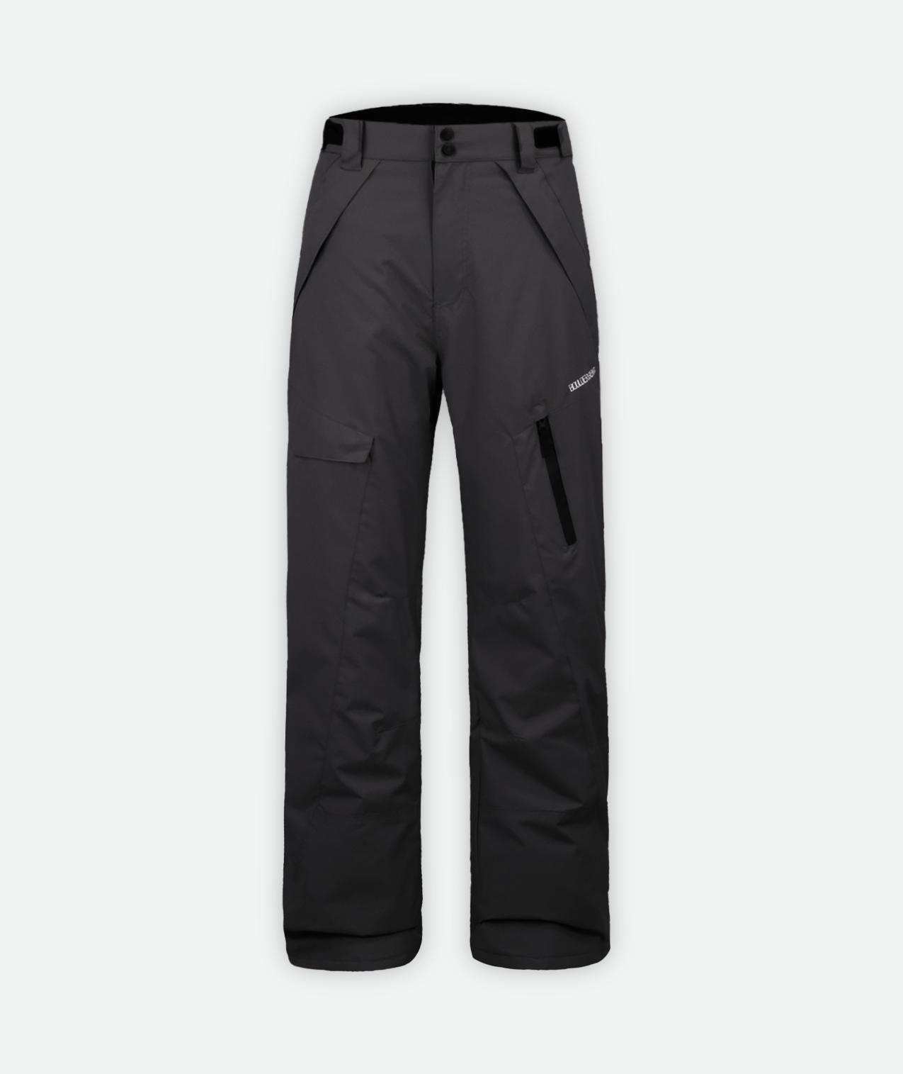 a pair of black insulated snow pants with cargo pockets on a white background.