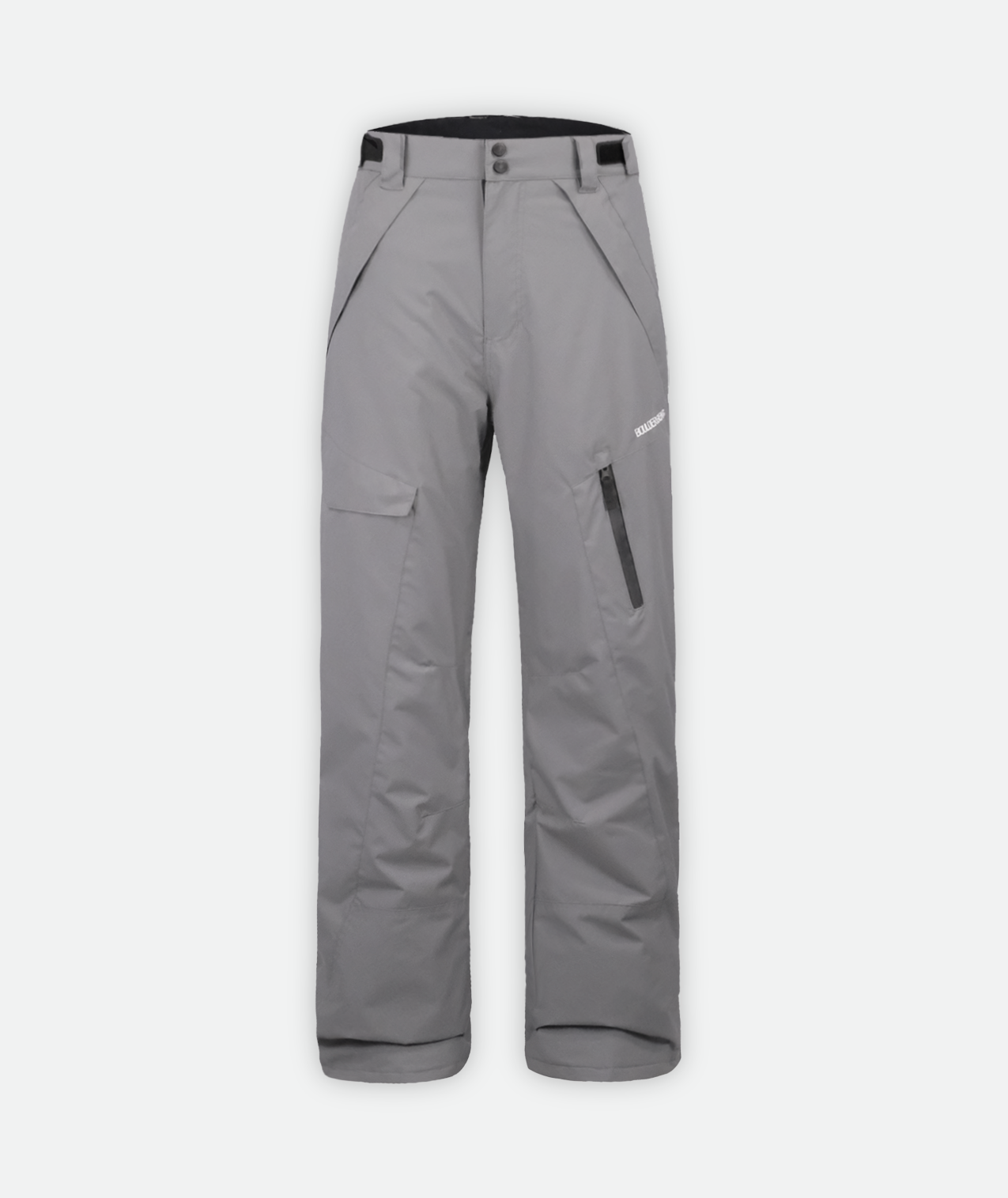 a pair of gray insulated snow pants with cargo pockets on a white background.