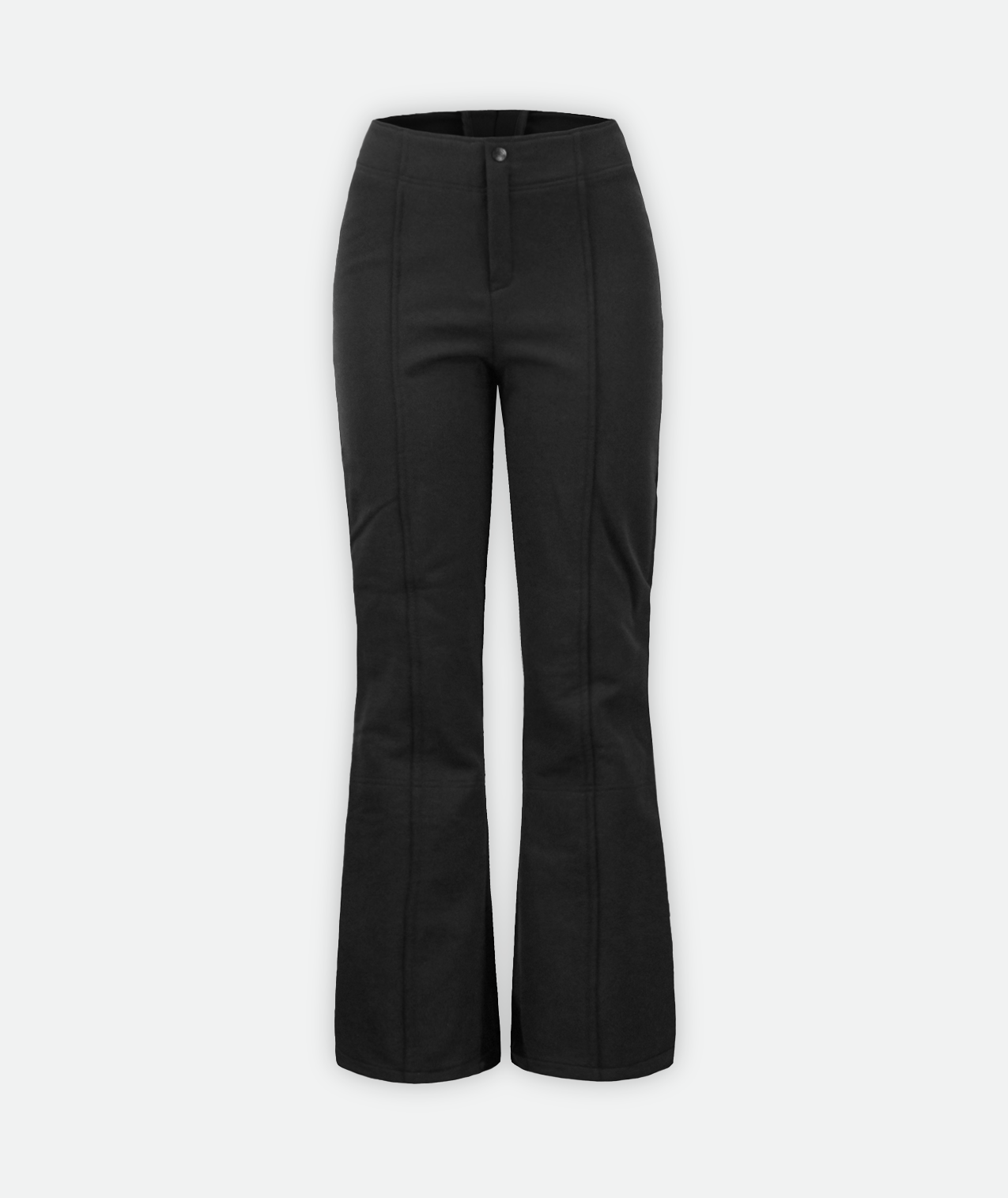 A pair of black, slim-fit women's ski pants on a white background.