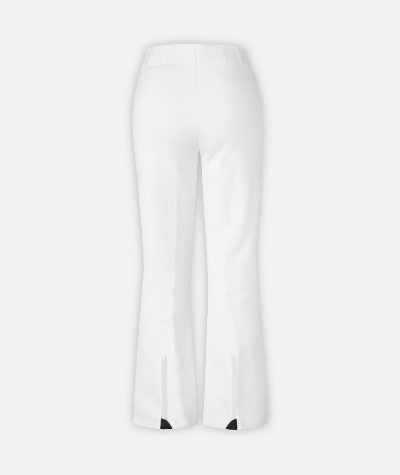 Back of pair of white, slim-fit women's ski pants on a white background.