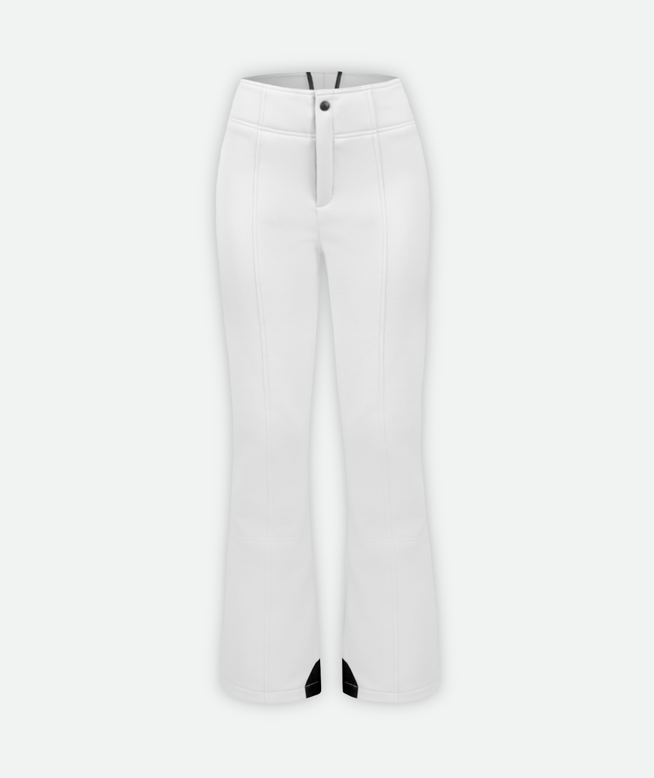 A pair of white, slim-fit women's ski pants on a white background.