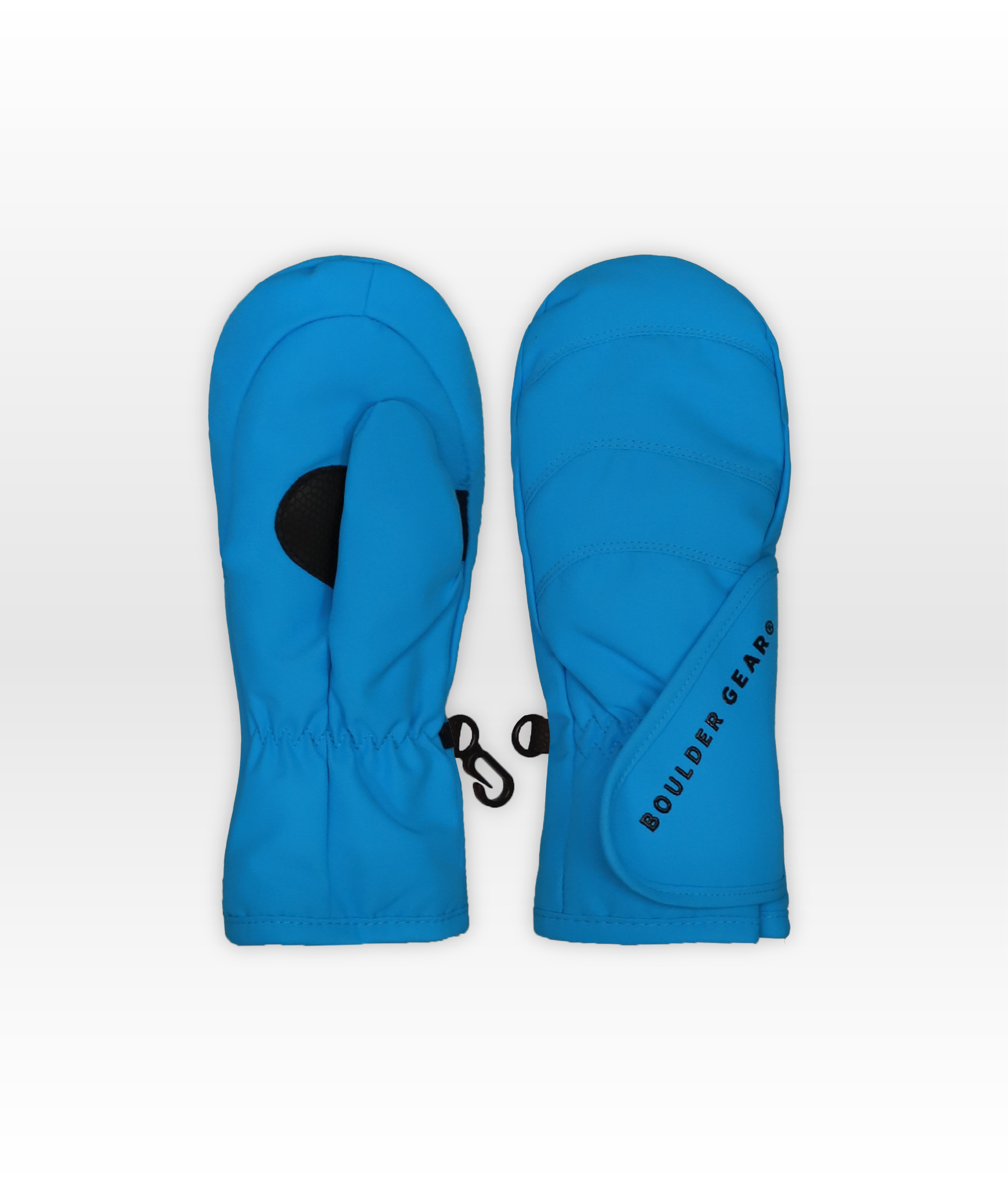 Pair of blue mittens with a brand logo on a white background