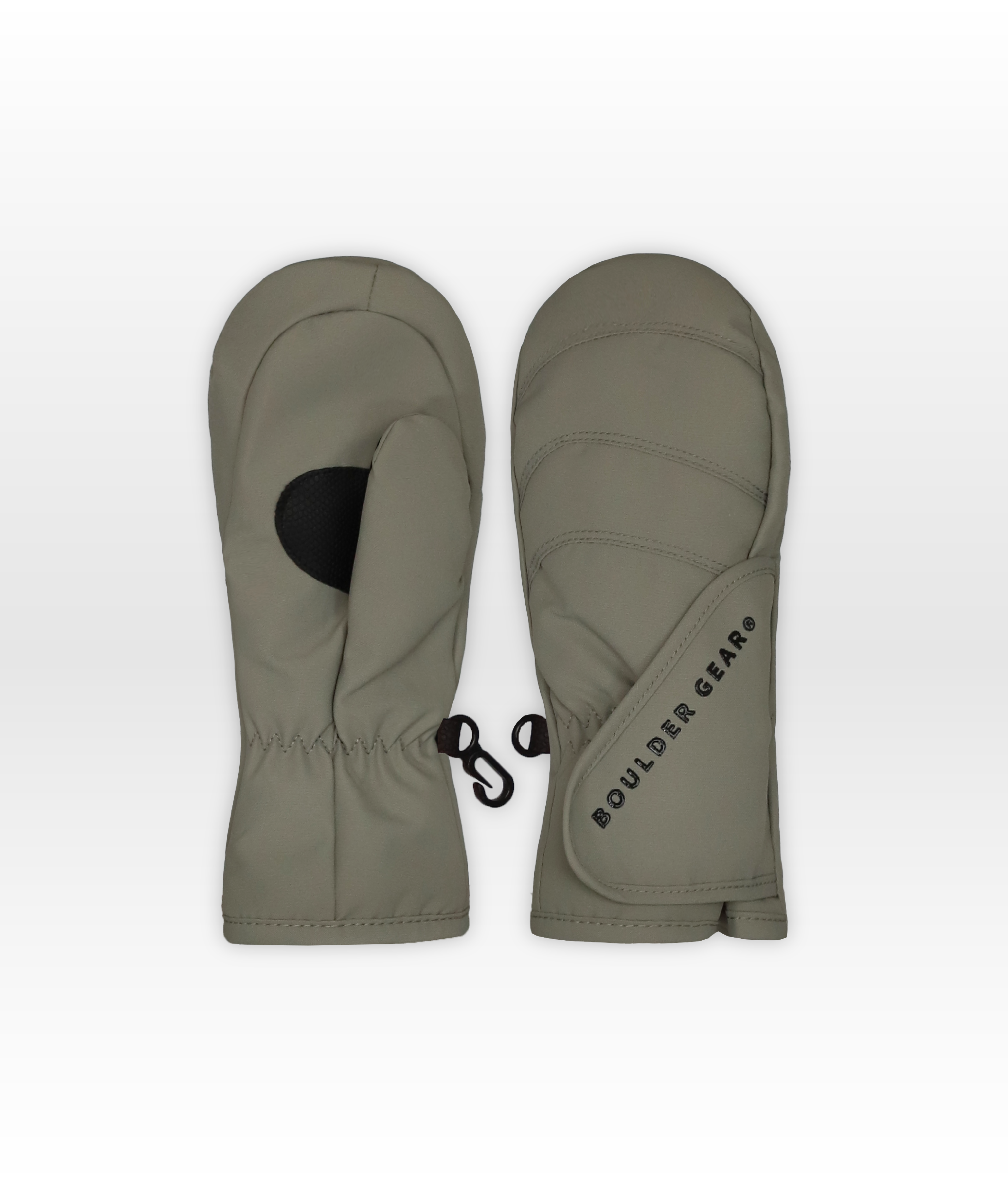 Pair of beige mittens with a visible brand logo on a white background