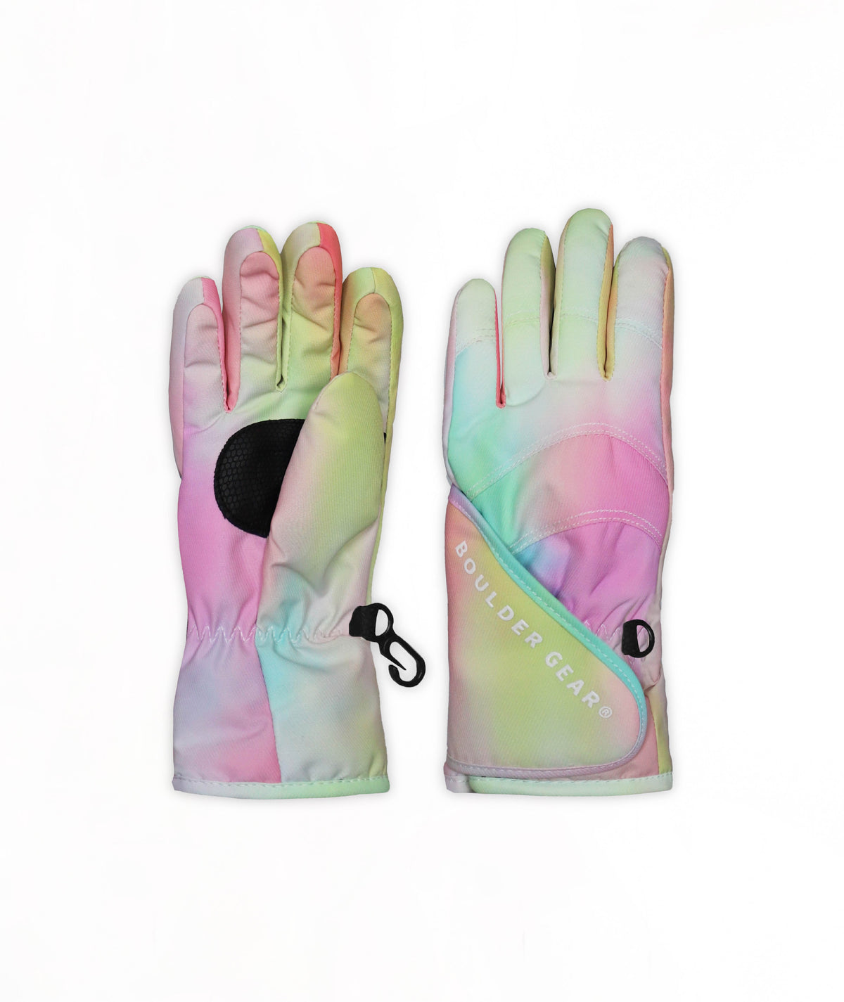 A pair of multicolor pastel gradient ski gloves with a black grip patch and a small black carabiner, shown against a plain white background.