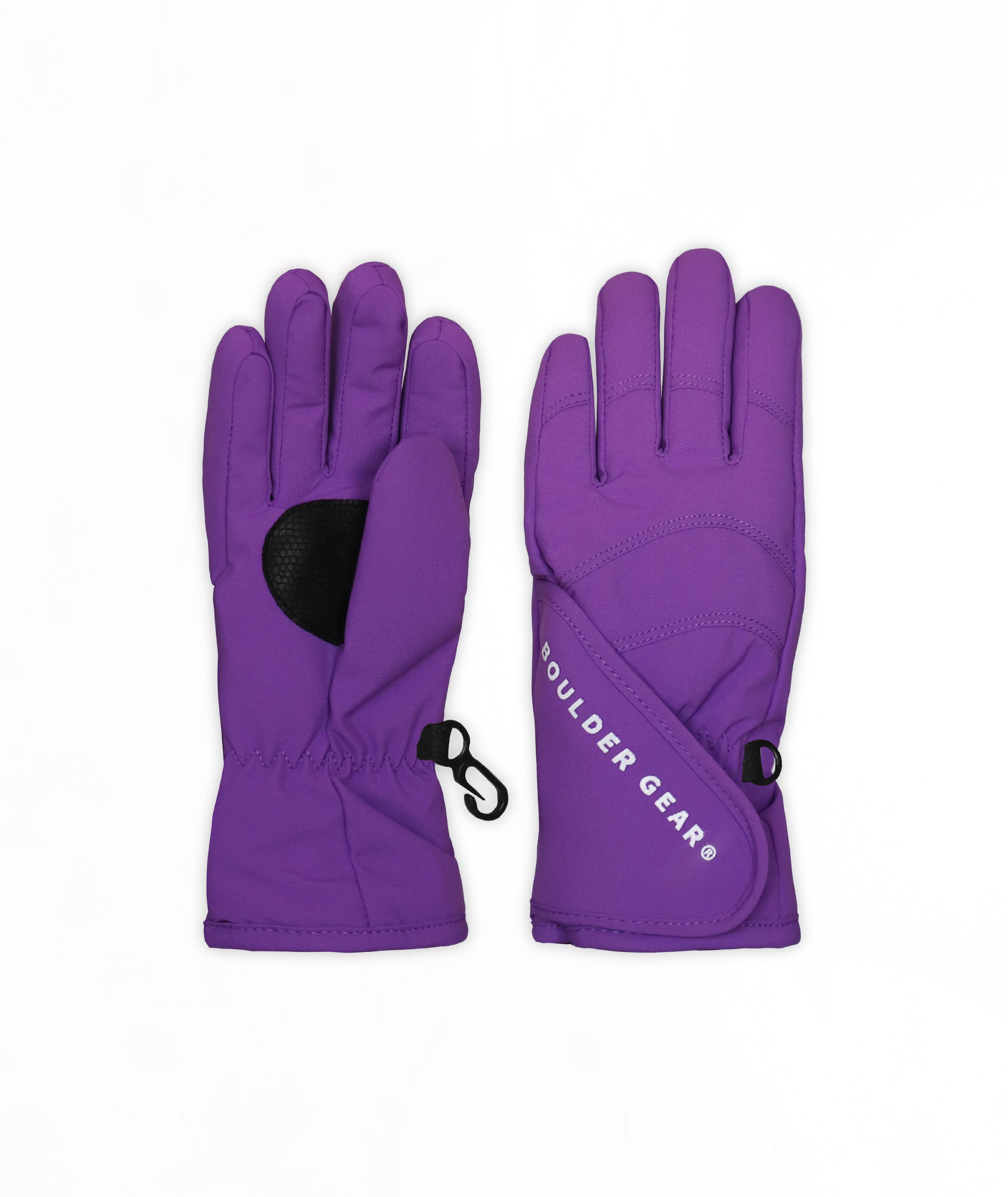 A pair of purple ski gloves with a black grip patch and a small black carabiner, shown against a plain white background.
