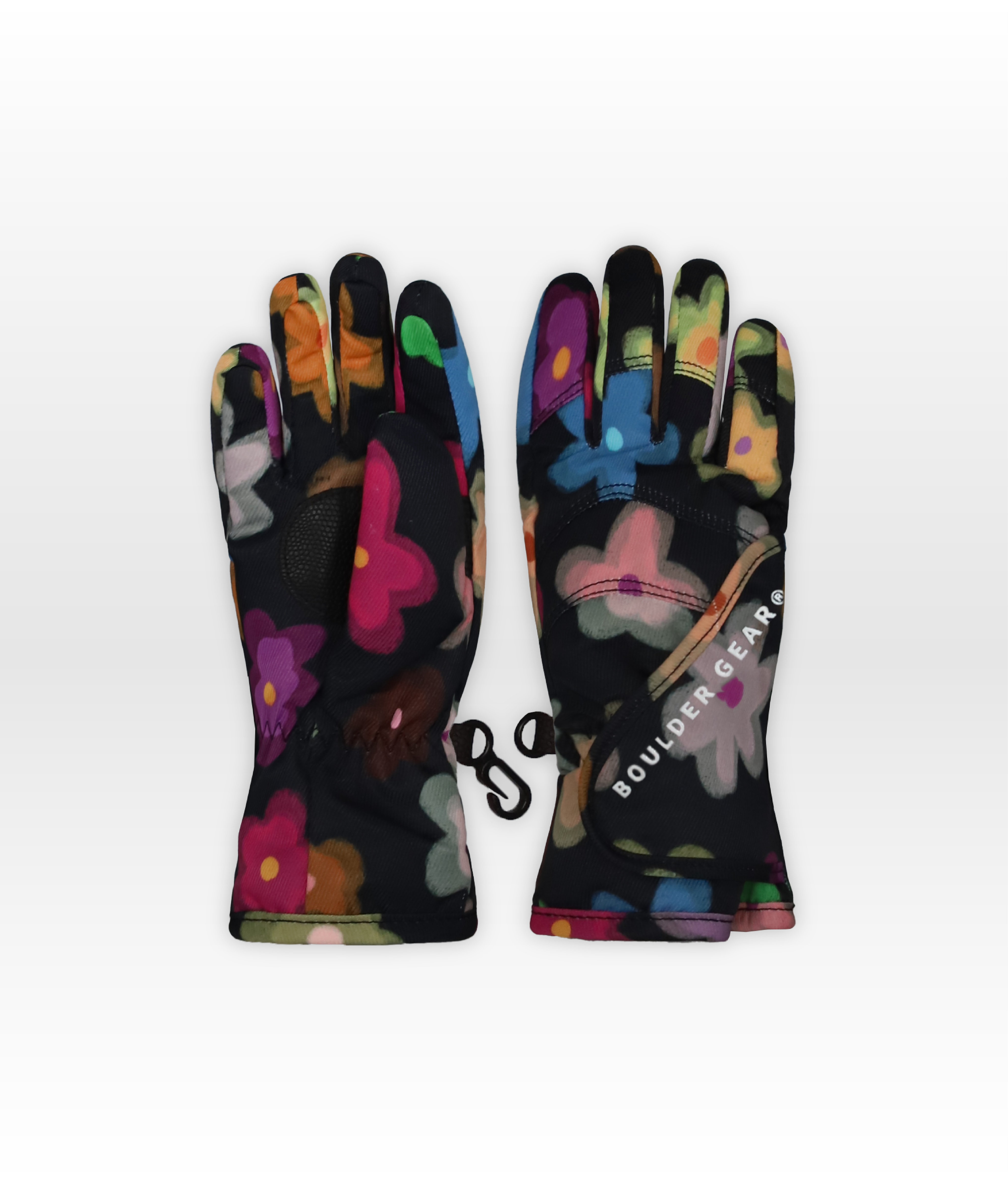 Pair of colorful gloves with floral patterns on a white background