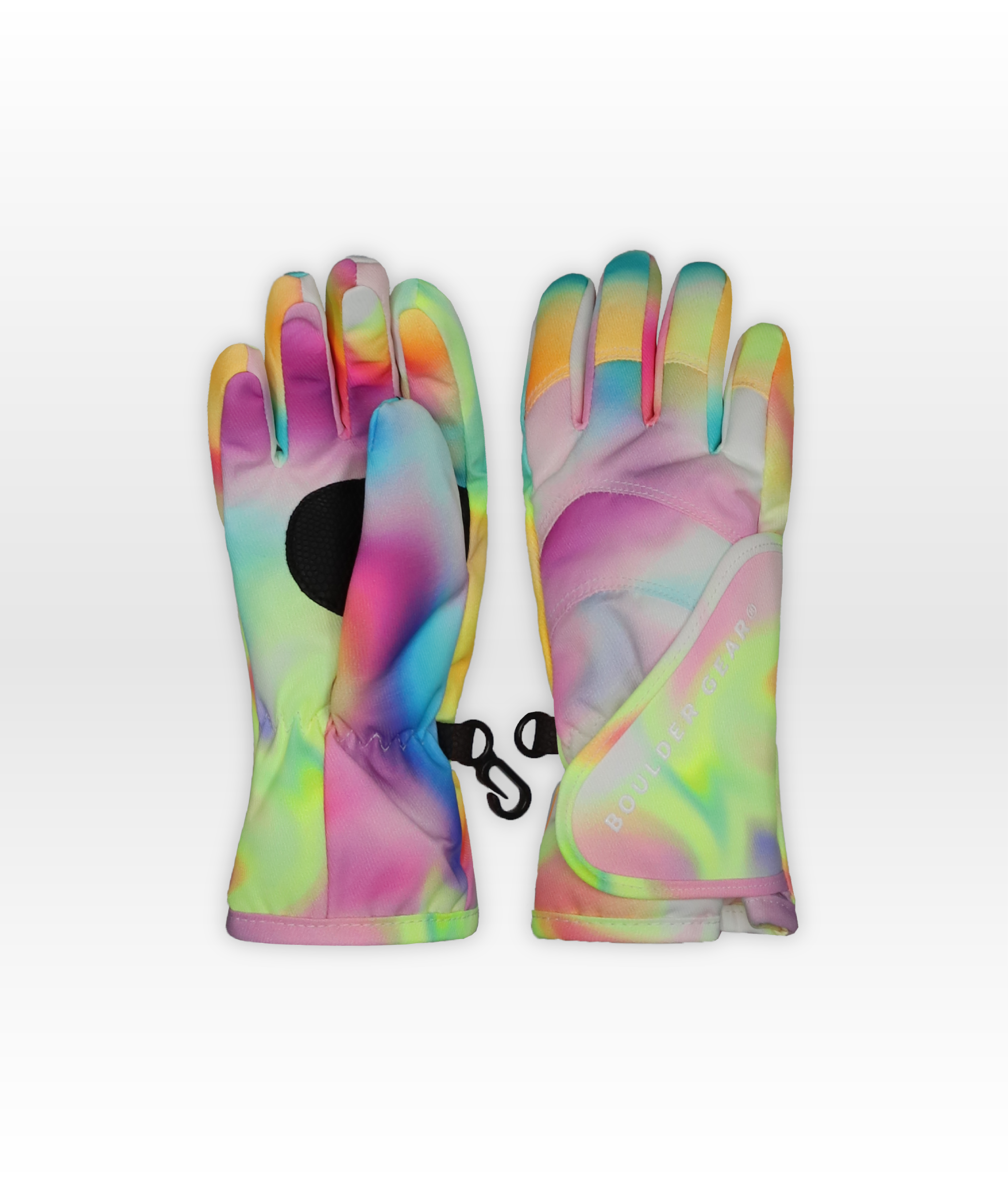 Colorful gloves with a tie-dye pattern on a white background
