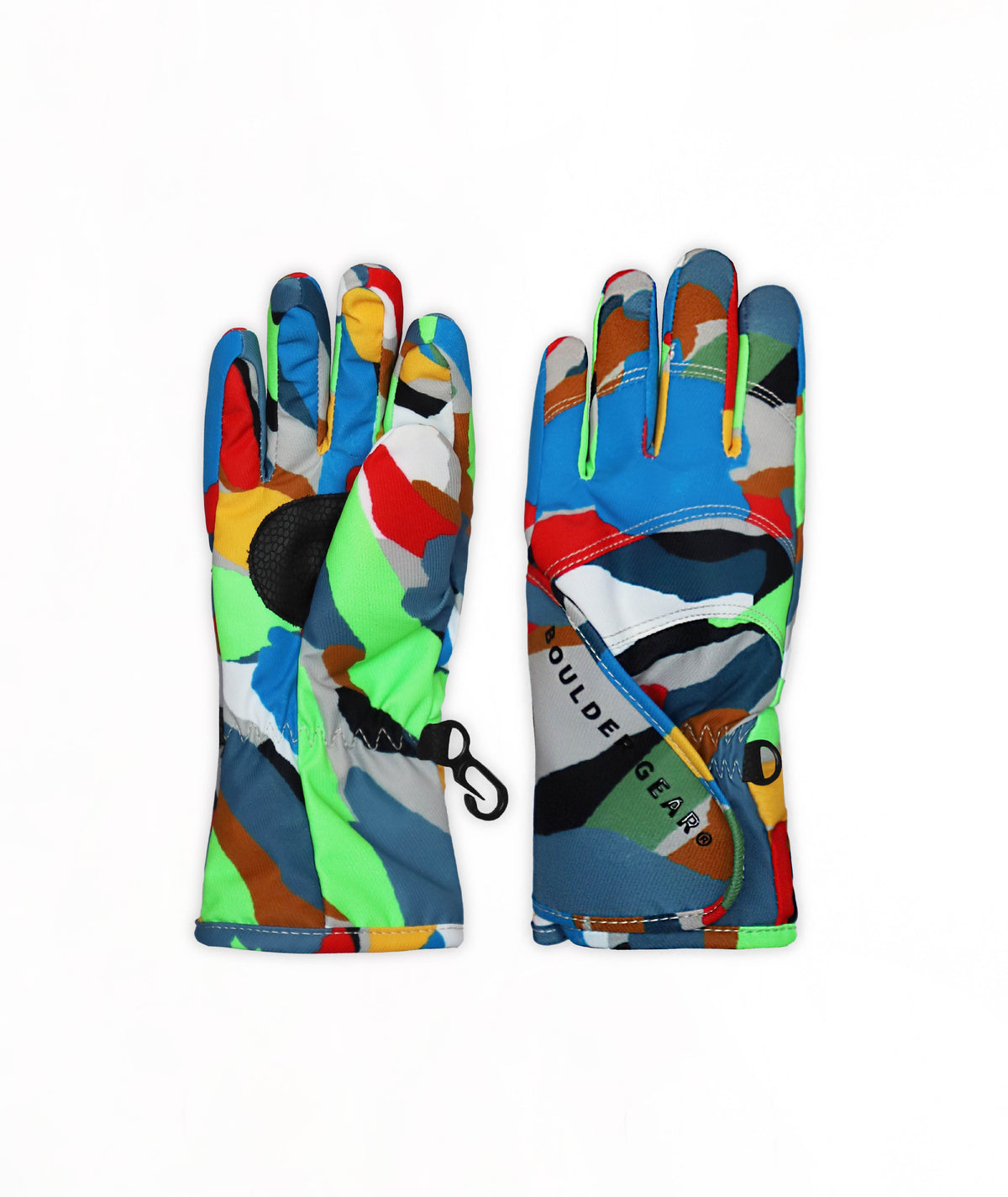 A pair of multicolor camo pattern ski gloves with a black grip patch and a small black carabiner, shown against a plain white background.