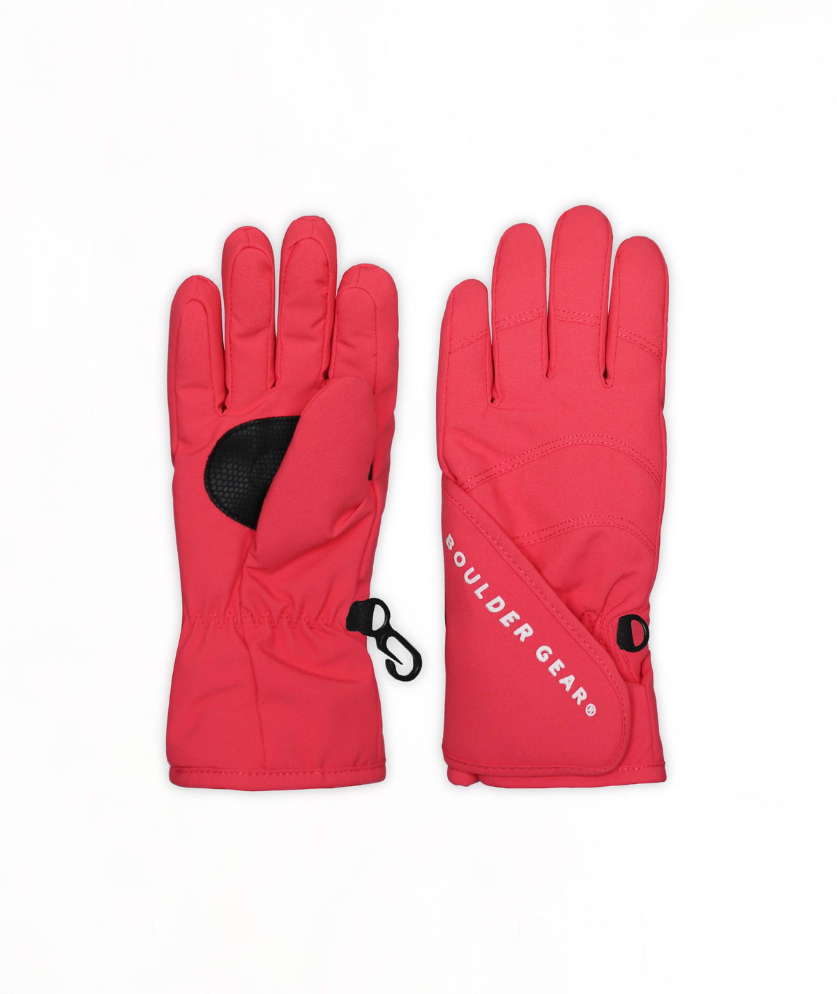 A pair of bright pink ski gloves with a black grip patch and a small black carabiner, shown against a plain white background.