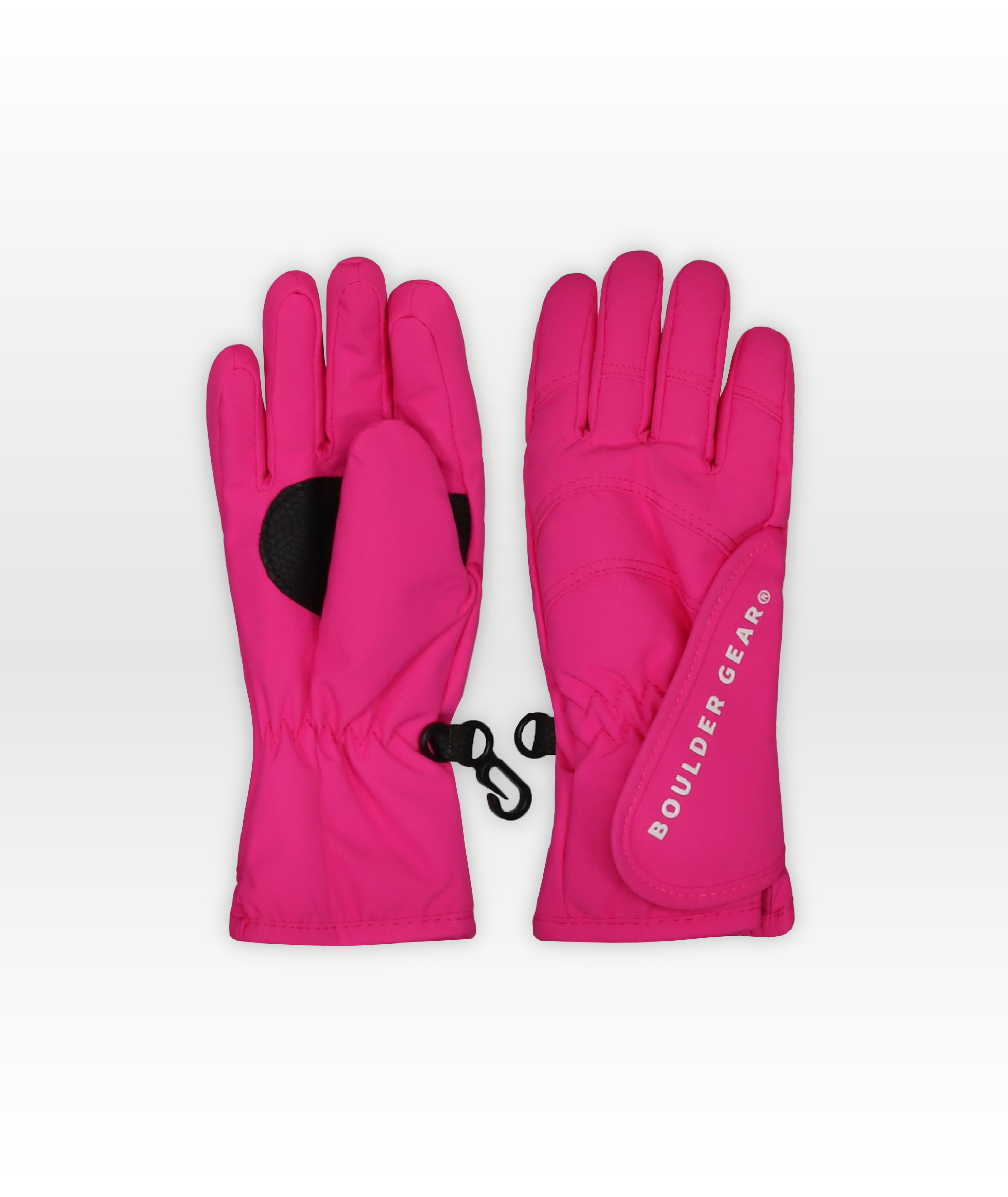 Pair of pink gloves with a visible brand logo on a white background