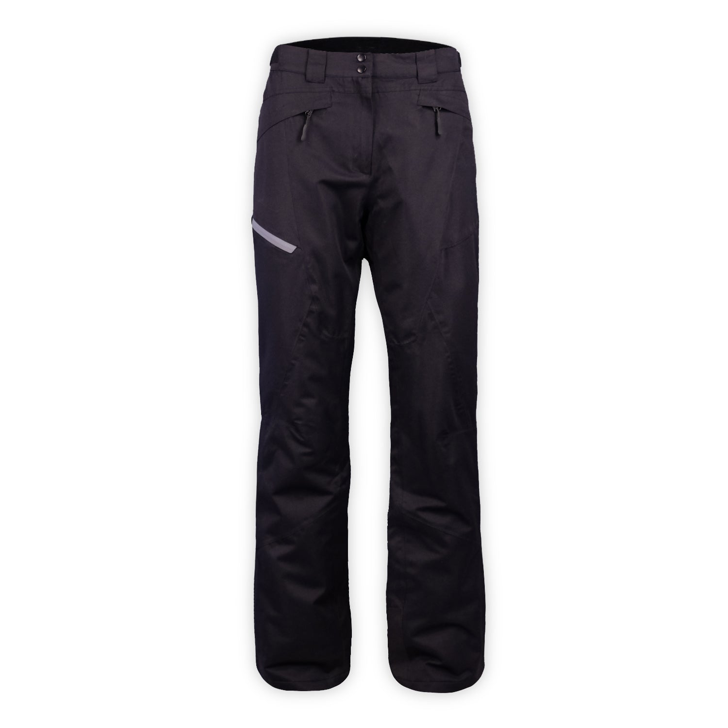 a pair of black snow pants with gray leg zipper on a white background