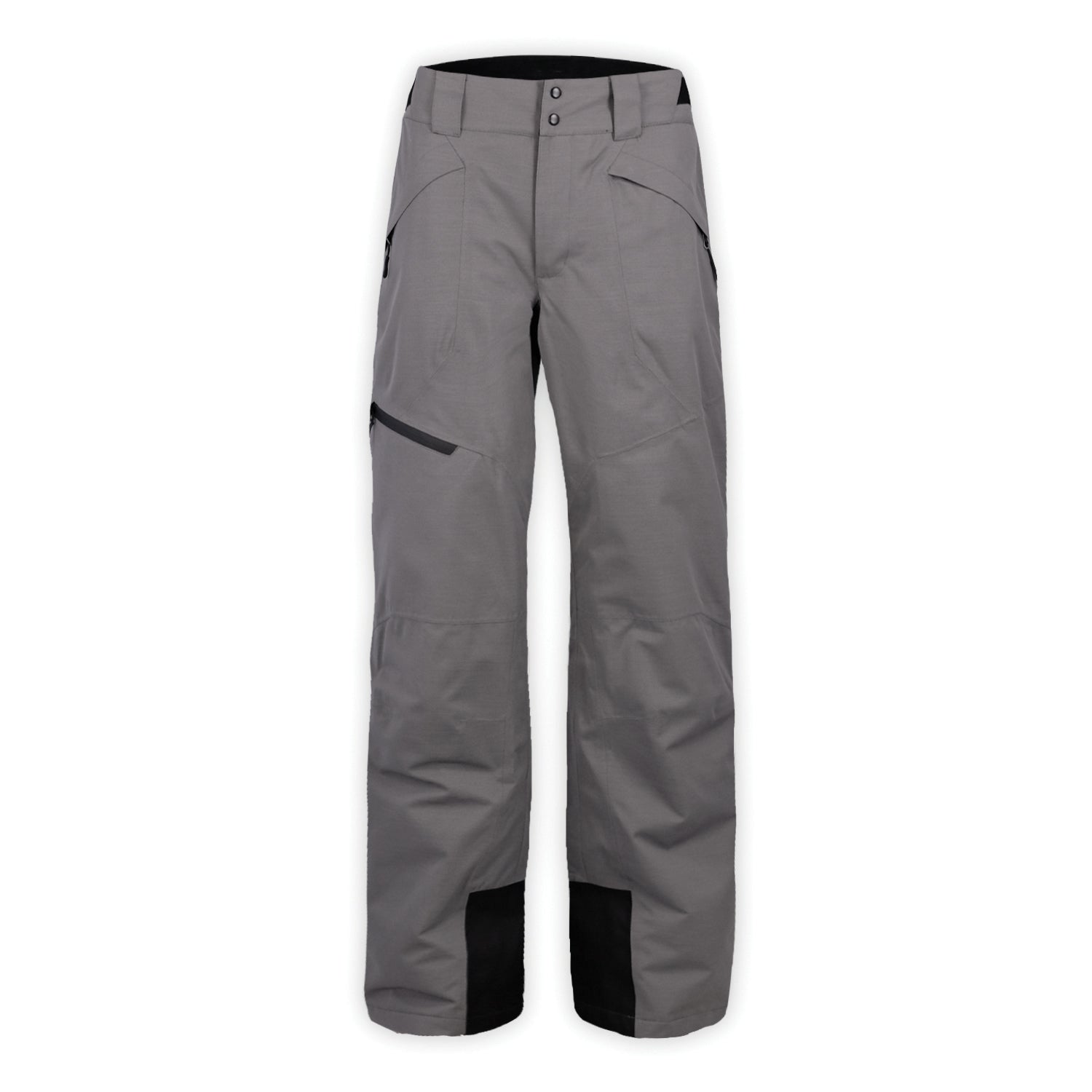 a pair of gray snow pants with black leg zipper on a white background
