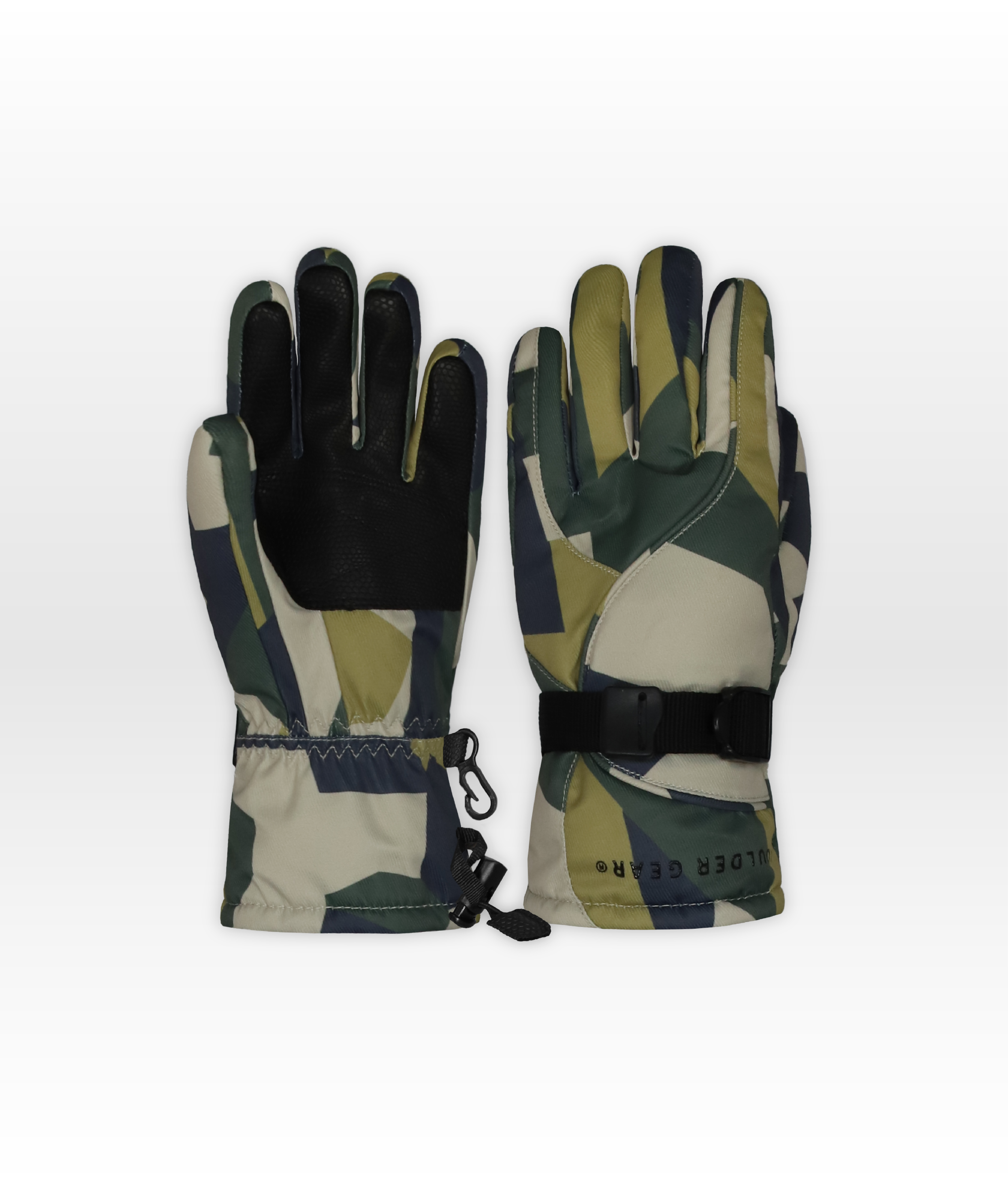 Camouflage-patterned gloves with a black strap on a white background