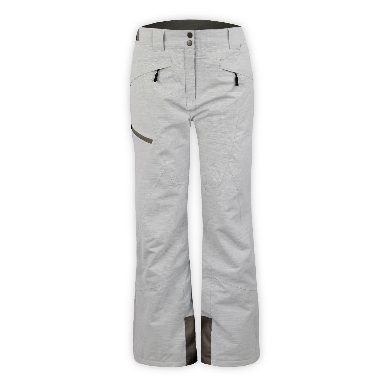a pair of heather gray snow pants with black leg zipper on a white background