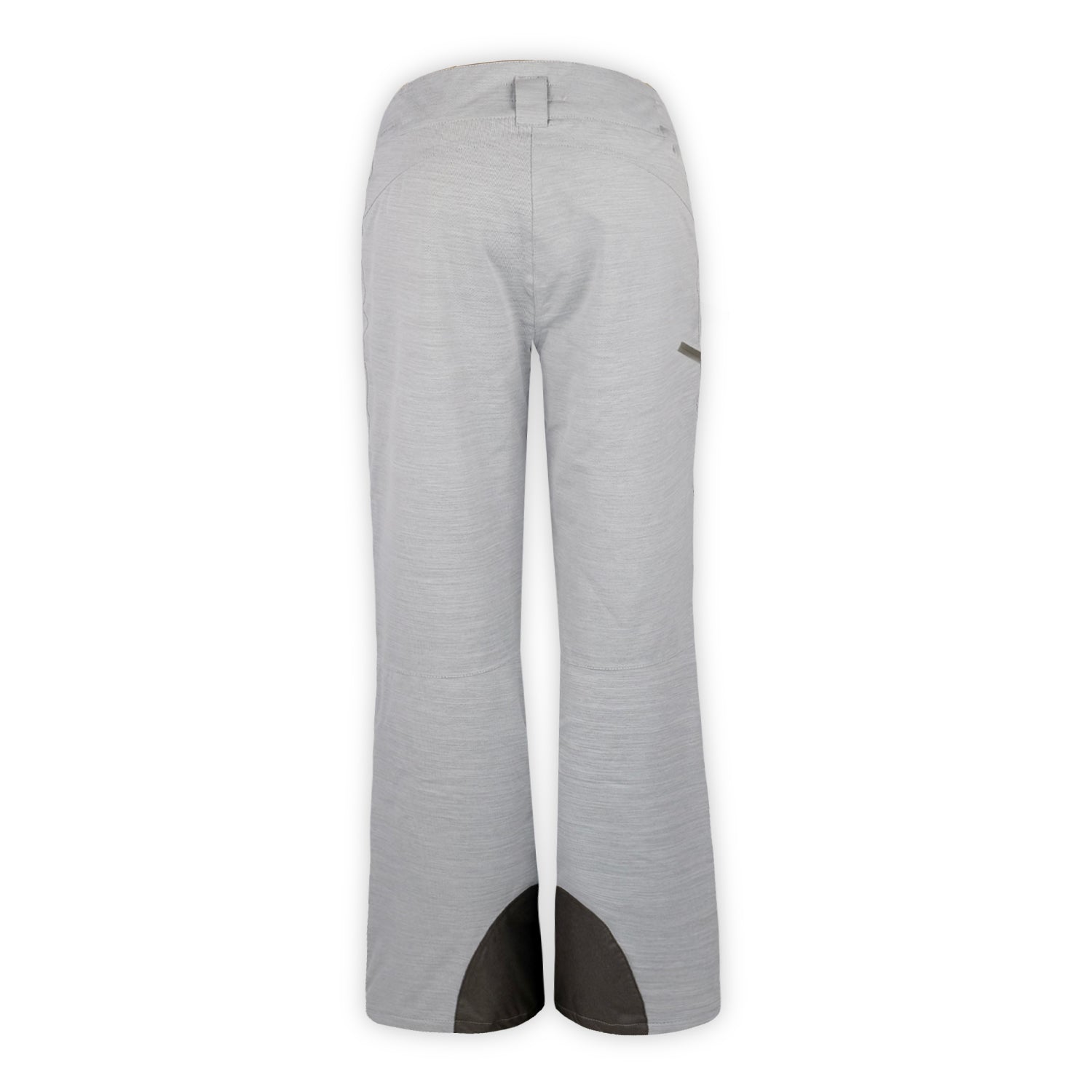 back of a pair of heather gray snow pants with black leg zipper on a white background