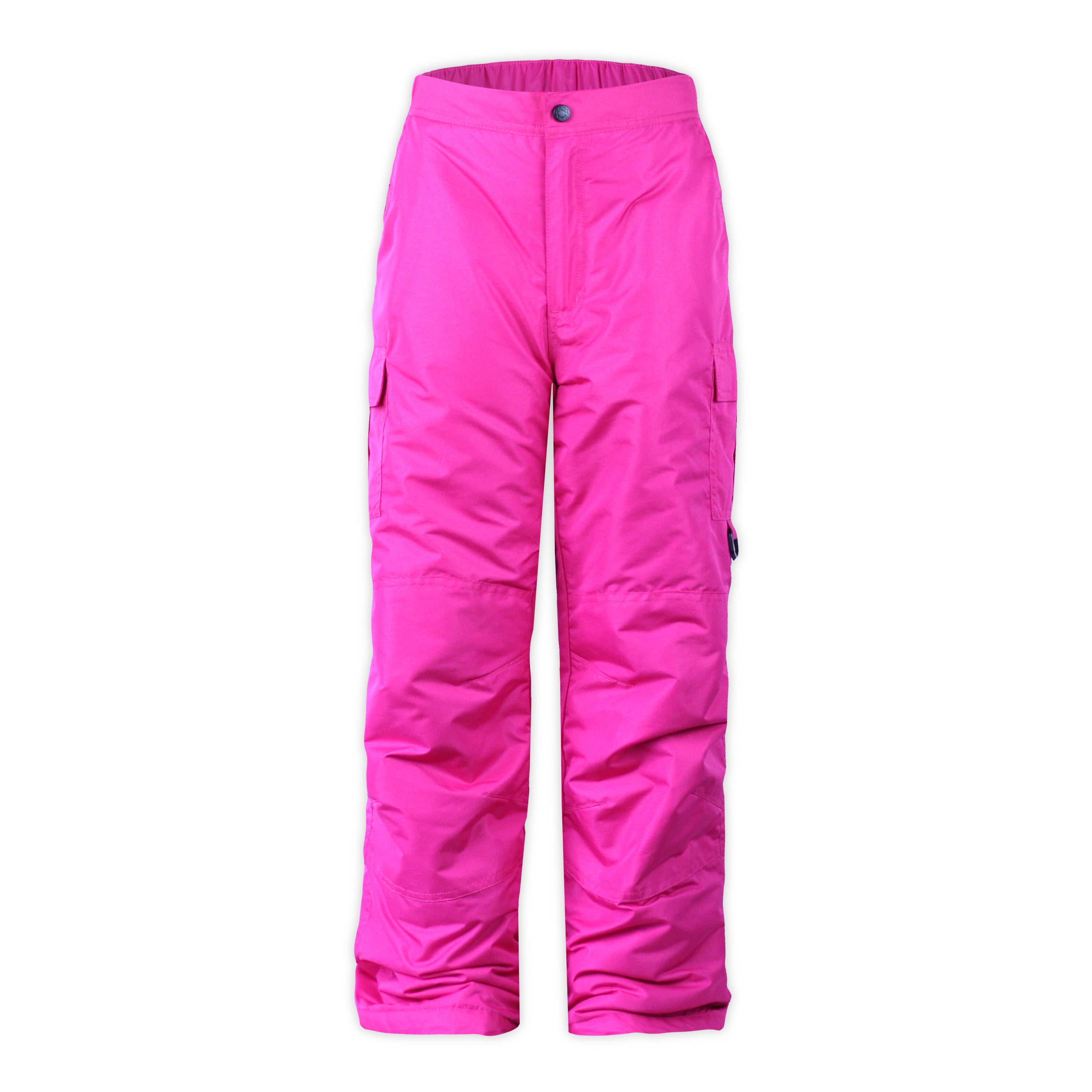 youth sized snow pants in pink with cargo pocket on a white background