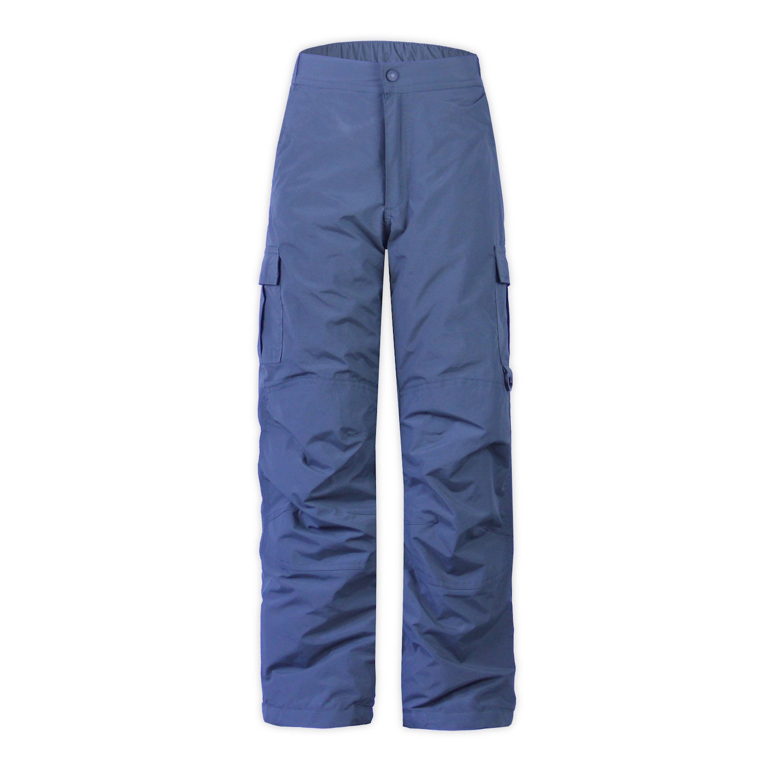 youth sized snow pants in gray with cargo pocket on a white background