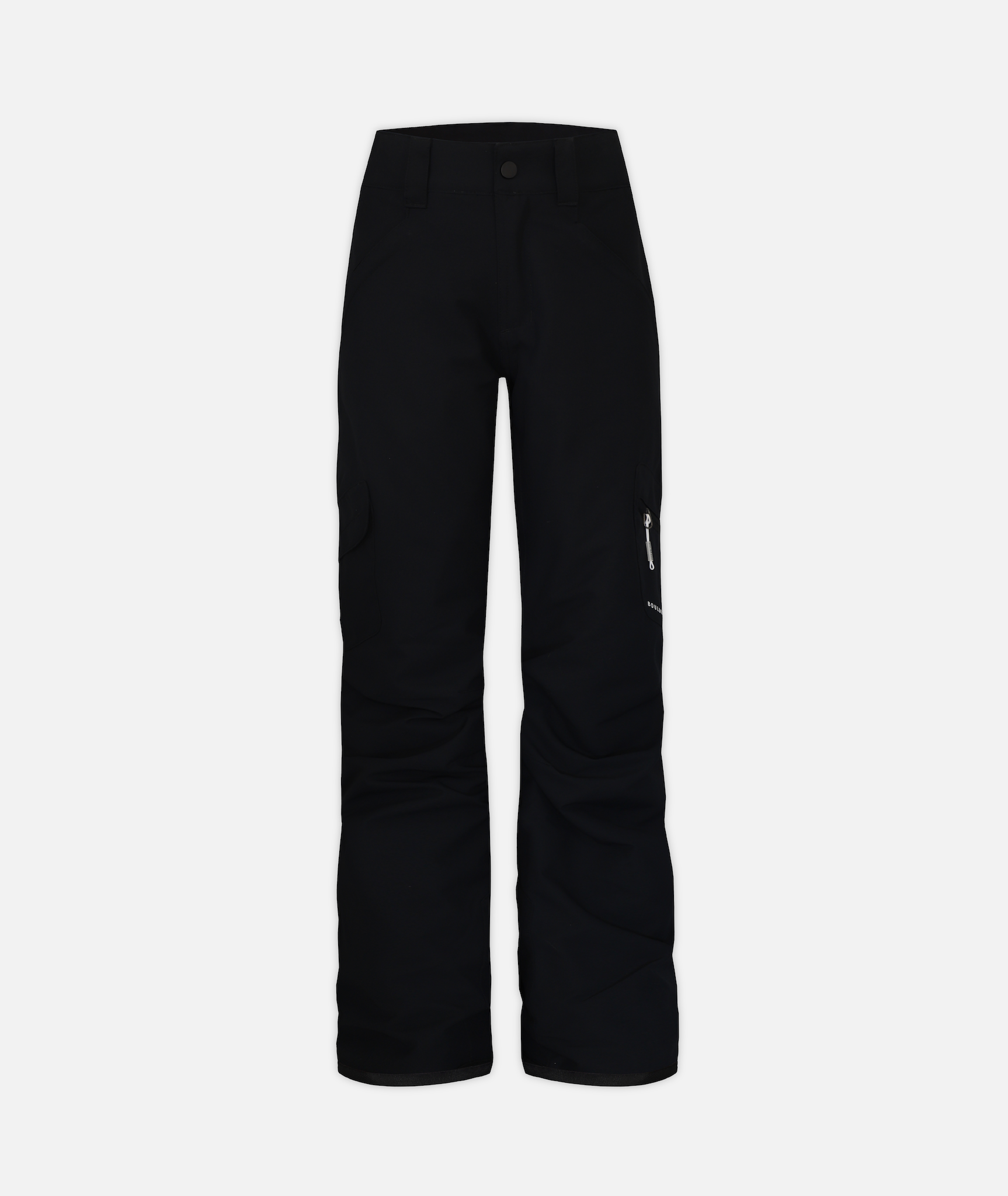 a pair of youth sized black snow pants on a white background