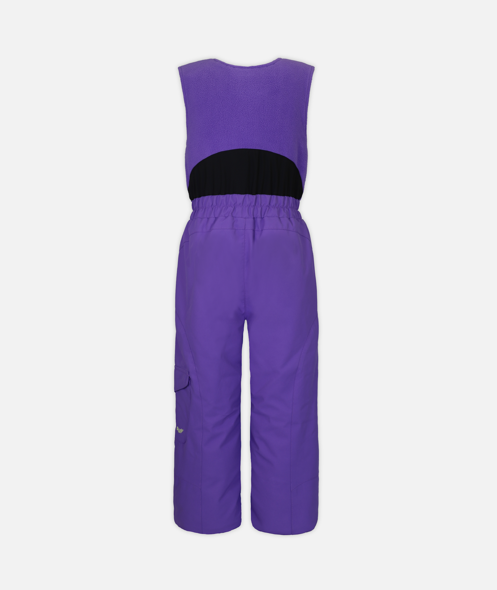 back of a pair of kids snow bibs in purple with black accents on a white background