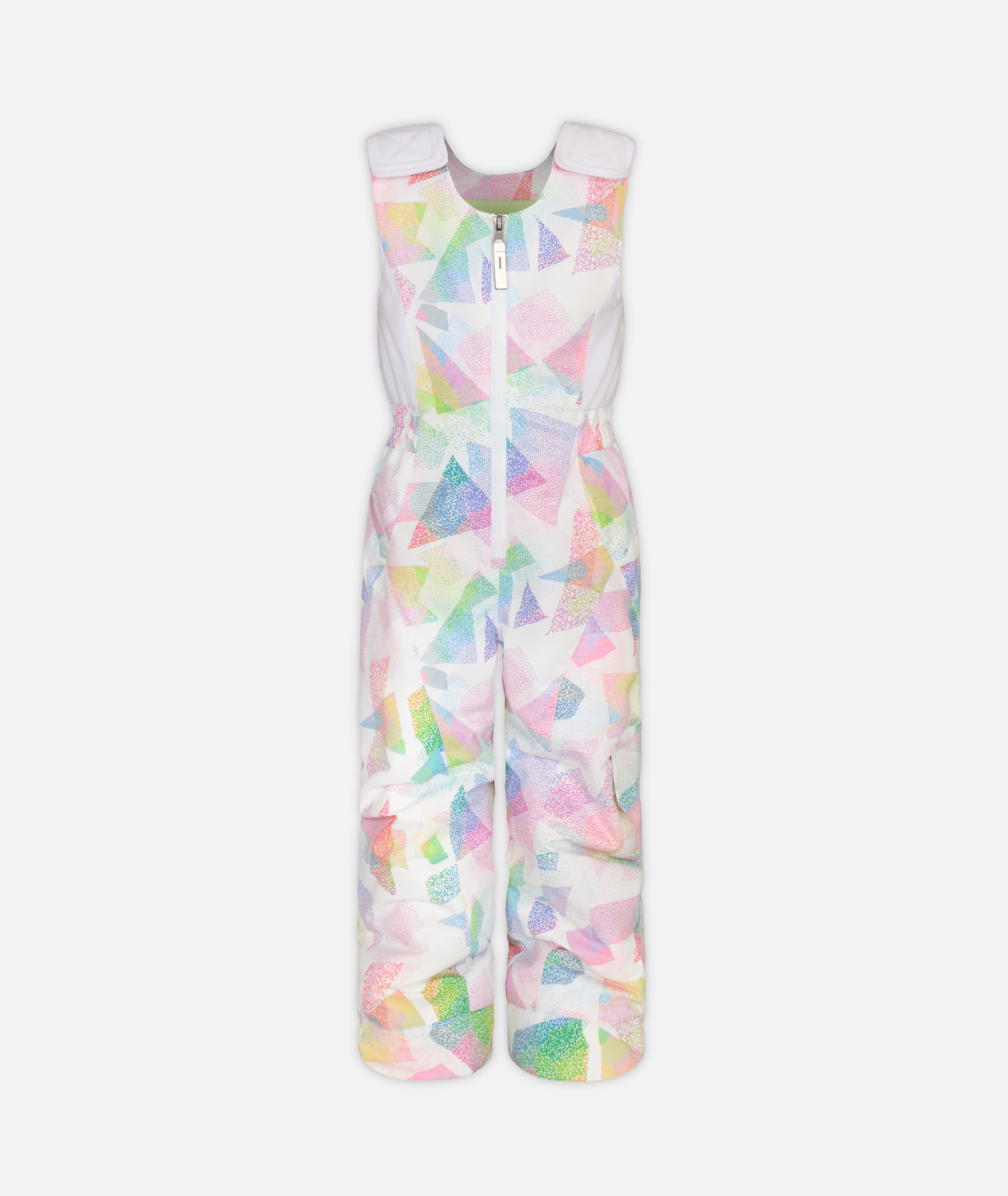 a multi colored abstract geometric kids snow bib with white accents on a white background