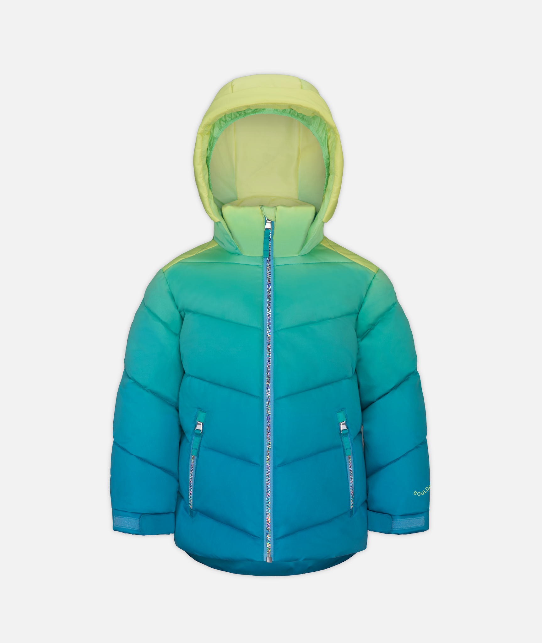 A kids' jacket with a gradient color design ranging from yellow to blue, featuring a hood and rainbow zippers on a white background