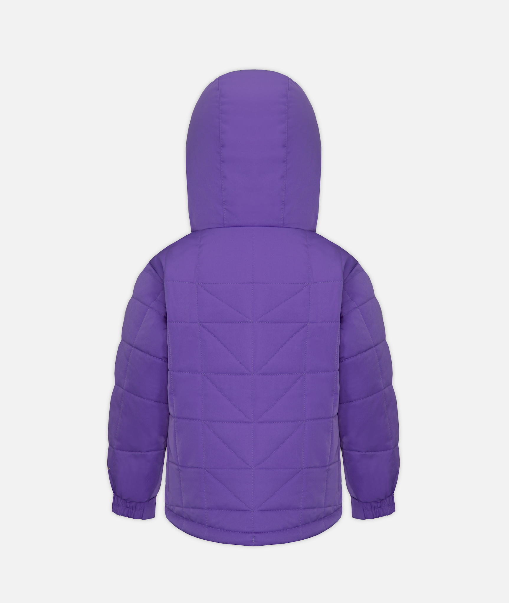 a kids purple quilted jacket with hood on a white background