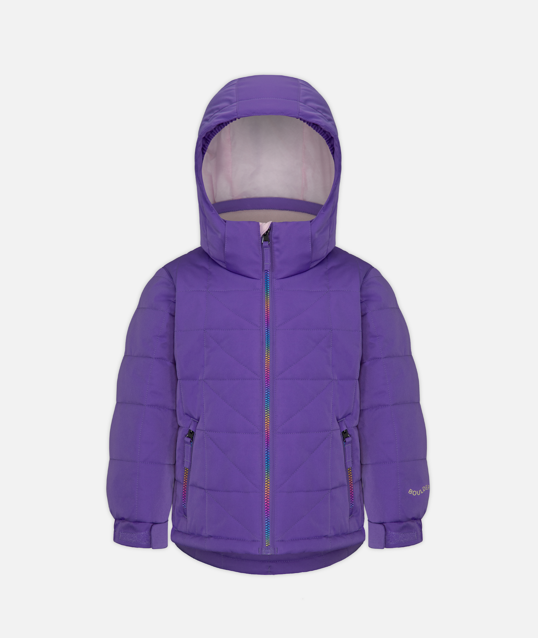 a kids purple quilted jacket with rainbow zipper and hood on a white background