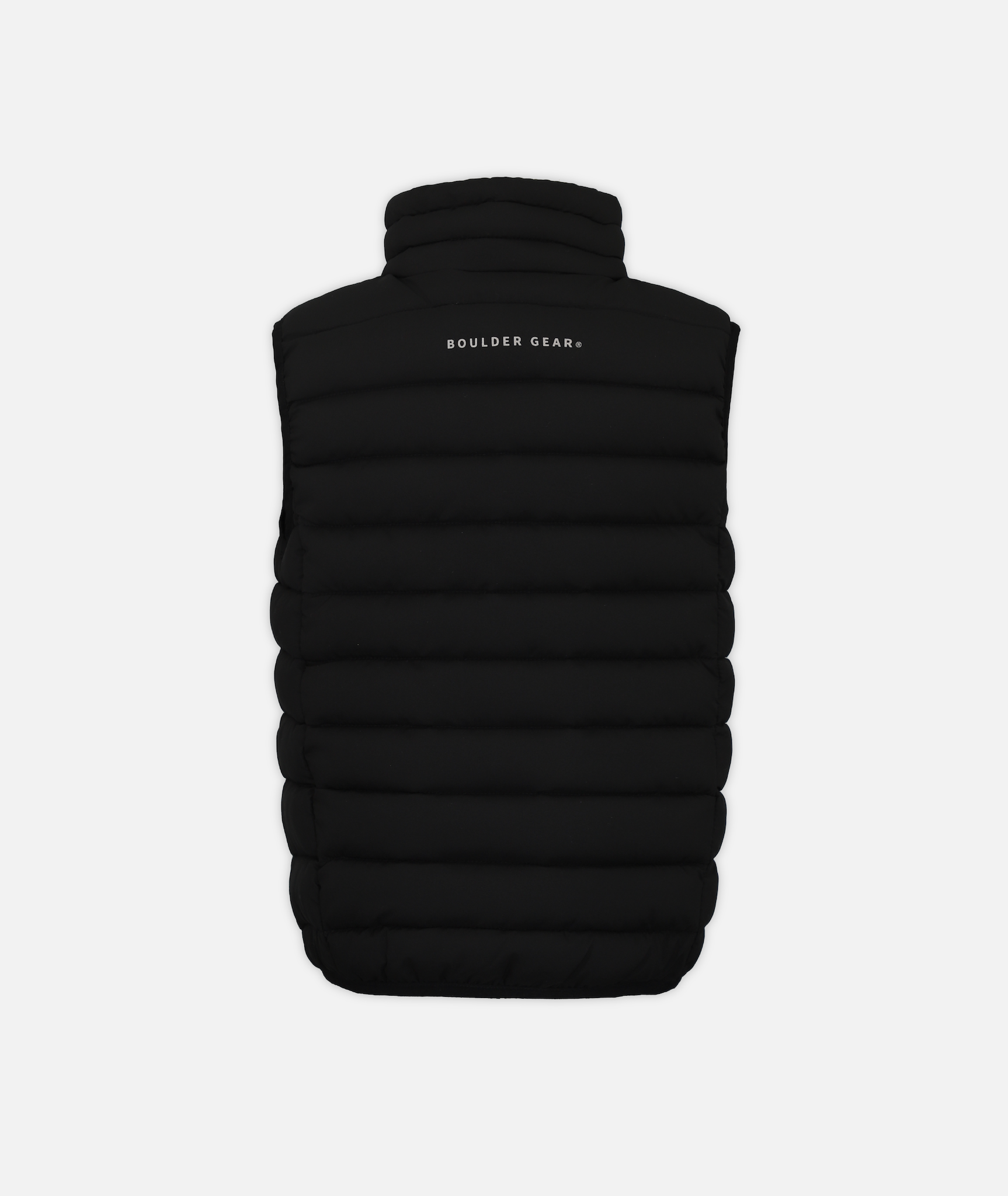 back of A kid's puffer vest in black on a white background