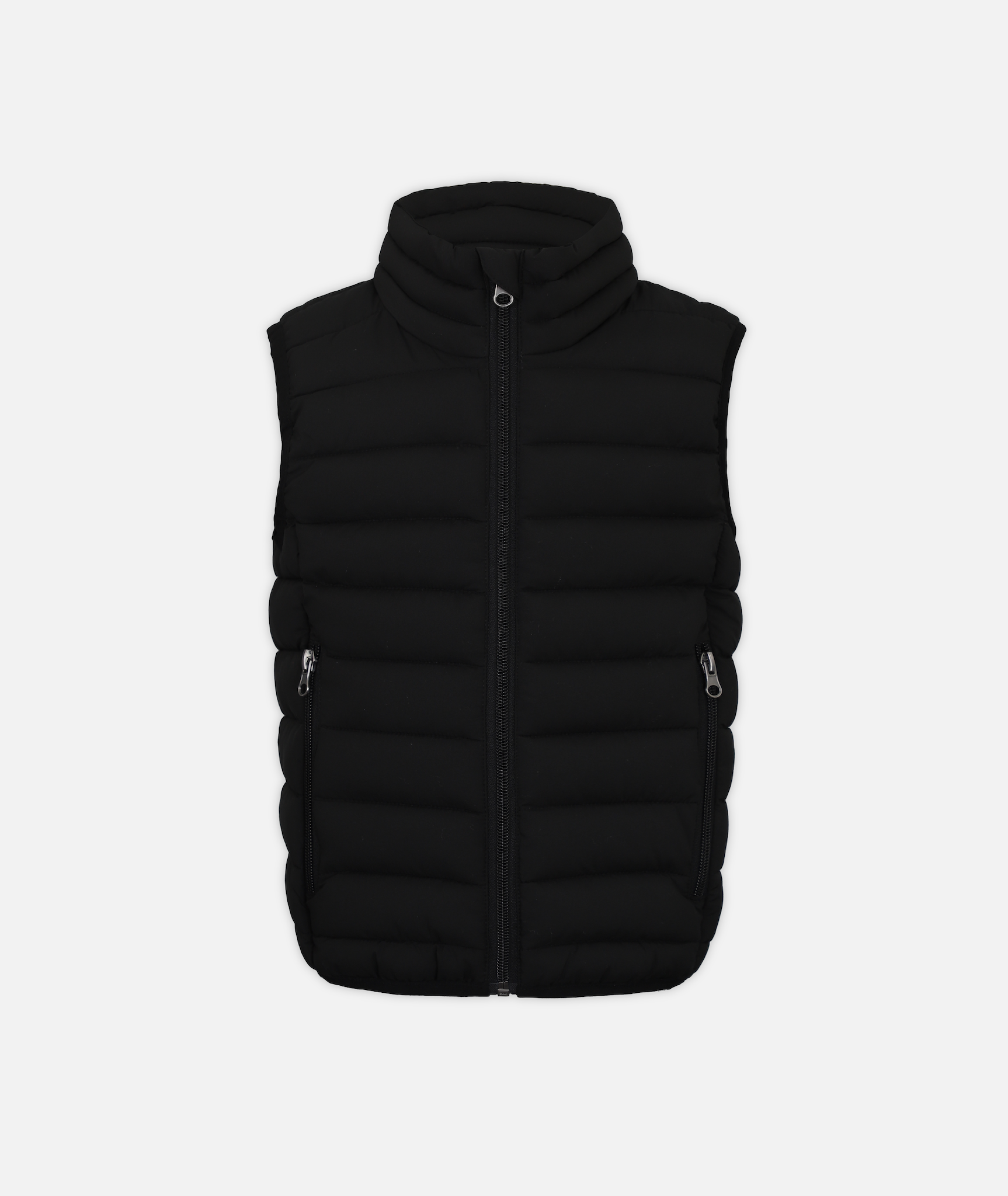 A kid's puffer vest in black on a white background