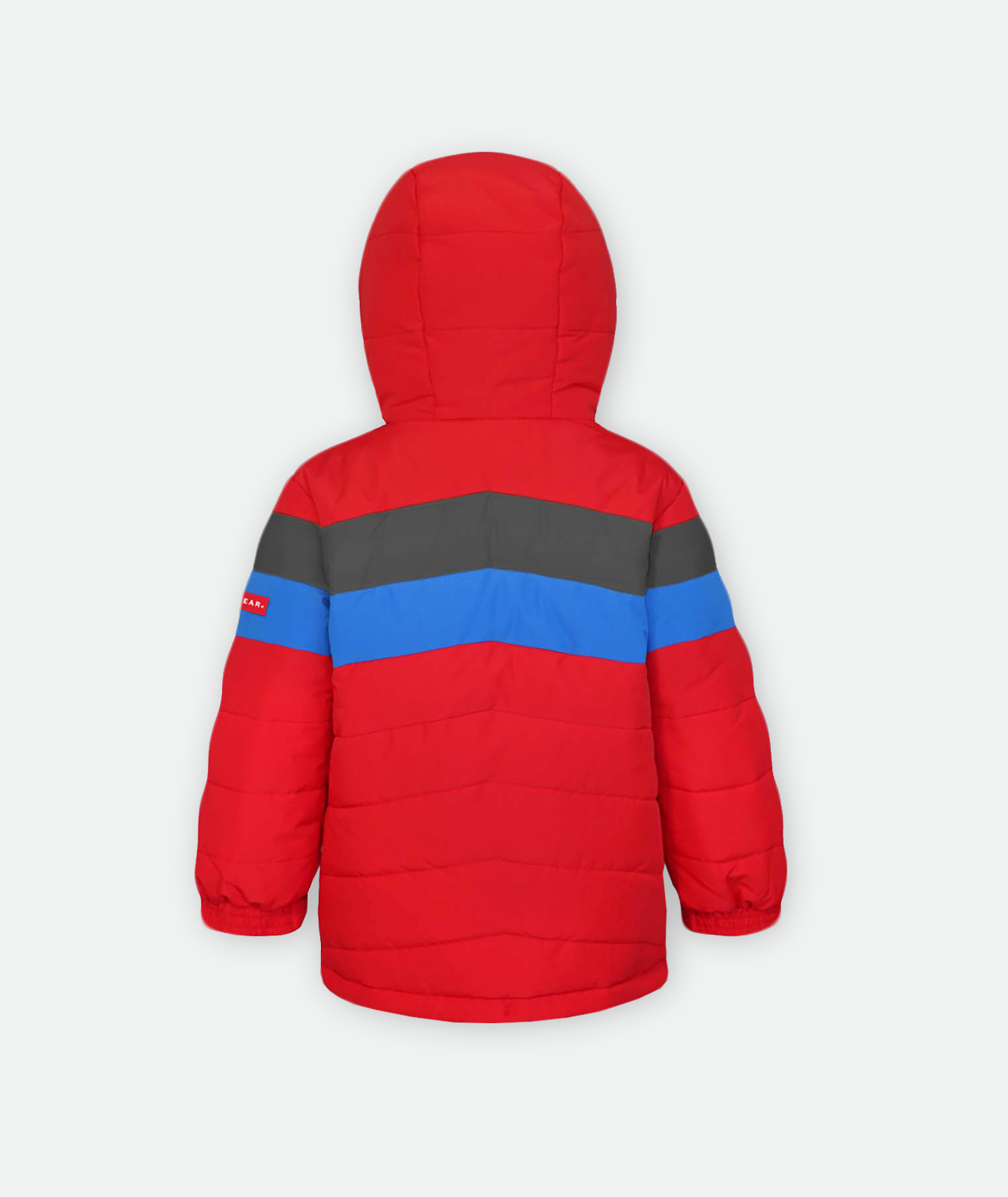 back of a kids quilted jacket in red with gray and blue stripes with a hood on a white background