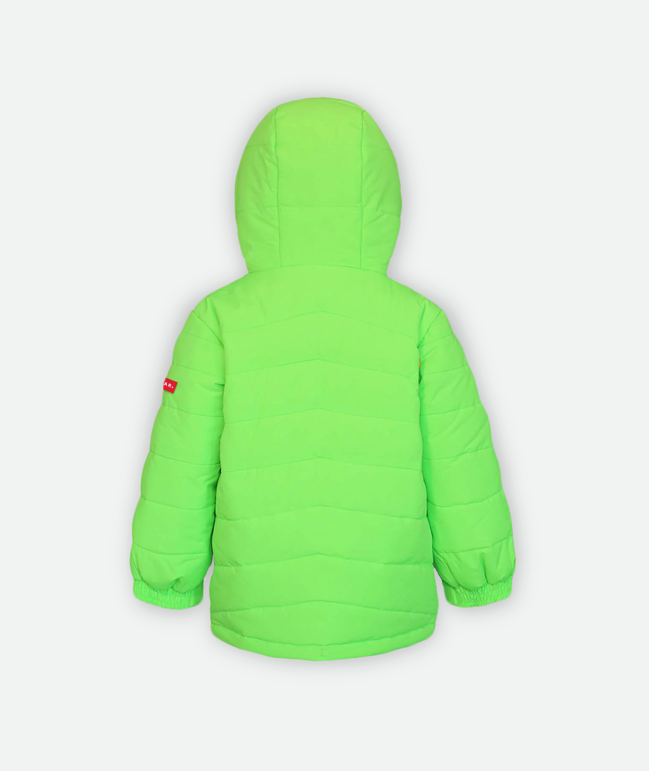 back of a kids quilted jacket in bright green with a hood on a white background