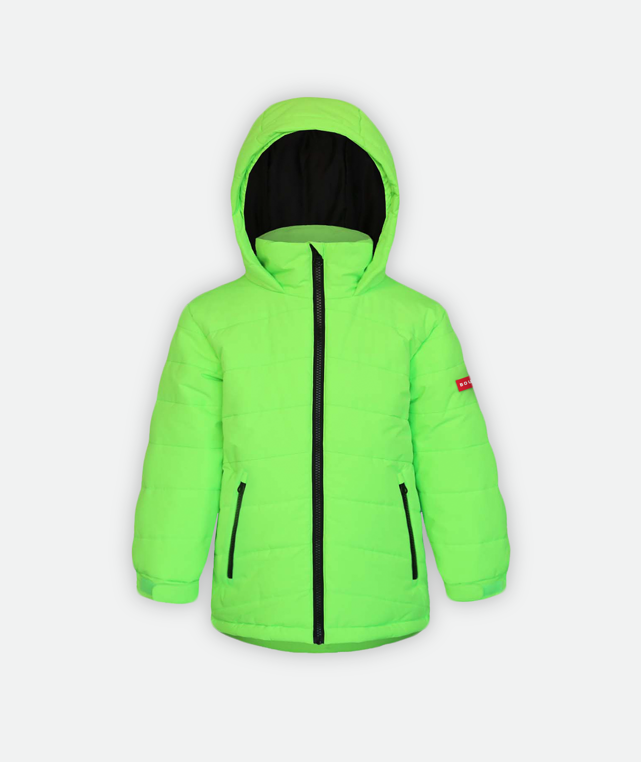 a kids quilted jacket in bright green with a hood on a white background