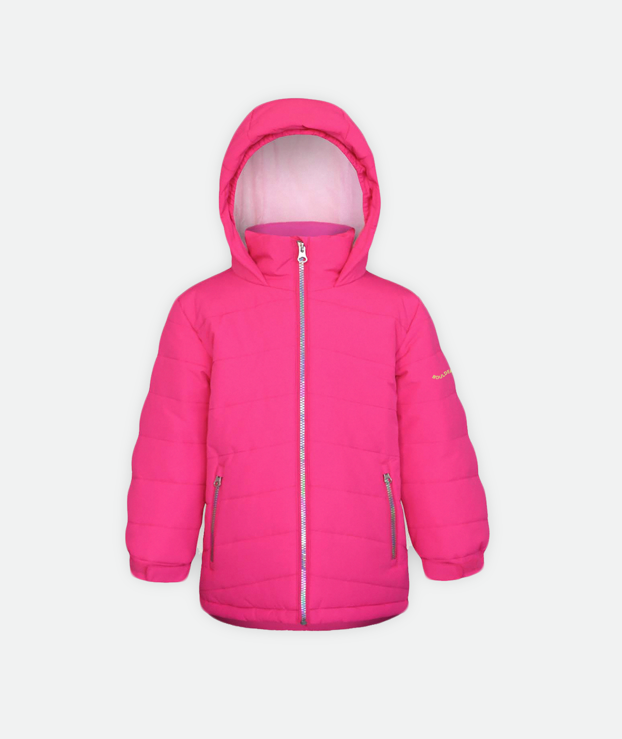 A kid's quilted jacket with bright pink body, rainbow zippers and hood on a white background