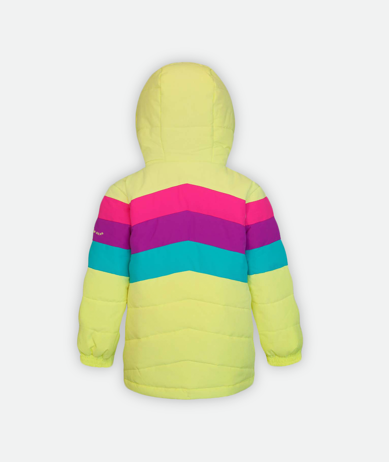 back of a kid's quilted jacket with bright yellow body, pink, purple and teal stripes and hood on a white background