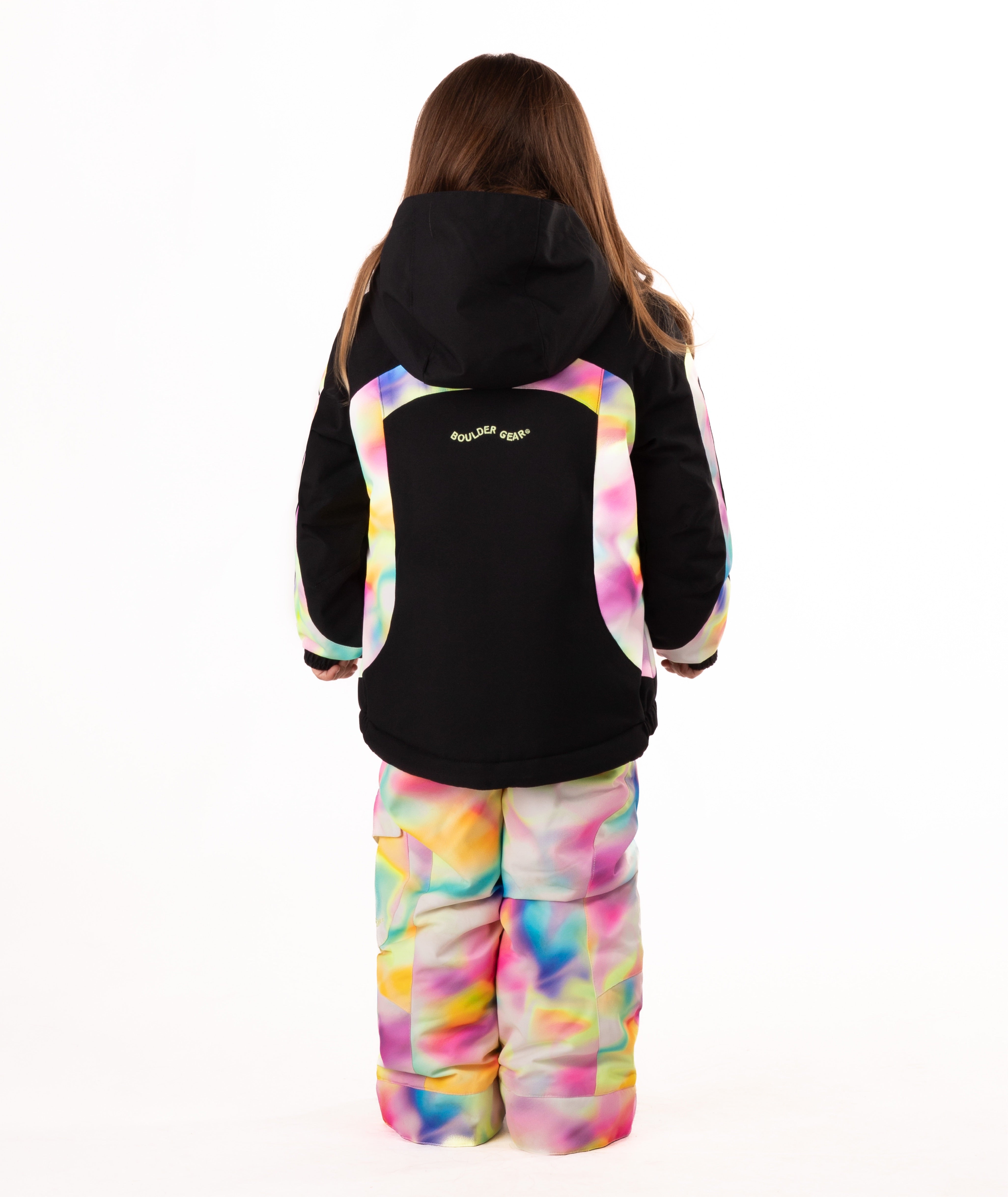 Child wearing a black winter jacket with pink, yellow, blue multi color trim on a white background highlighting a Boulder Gear brand logo