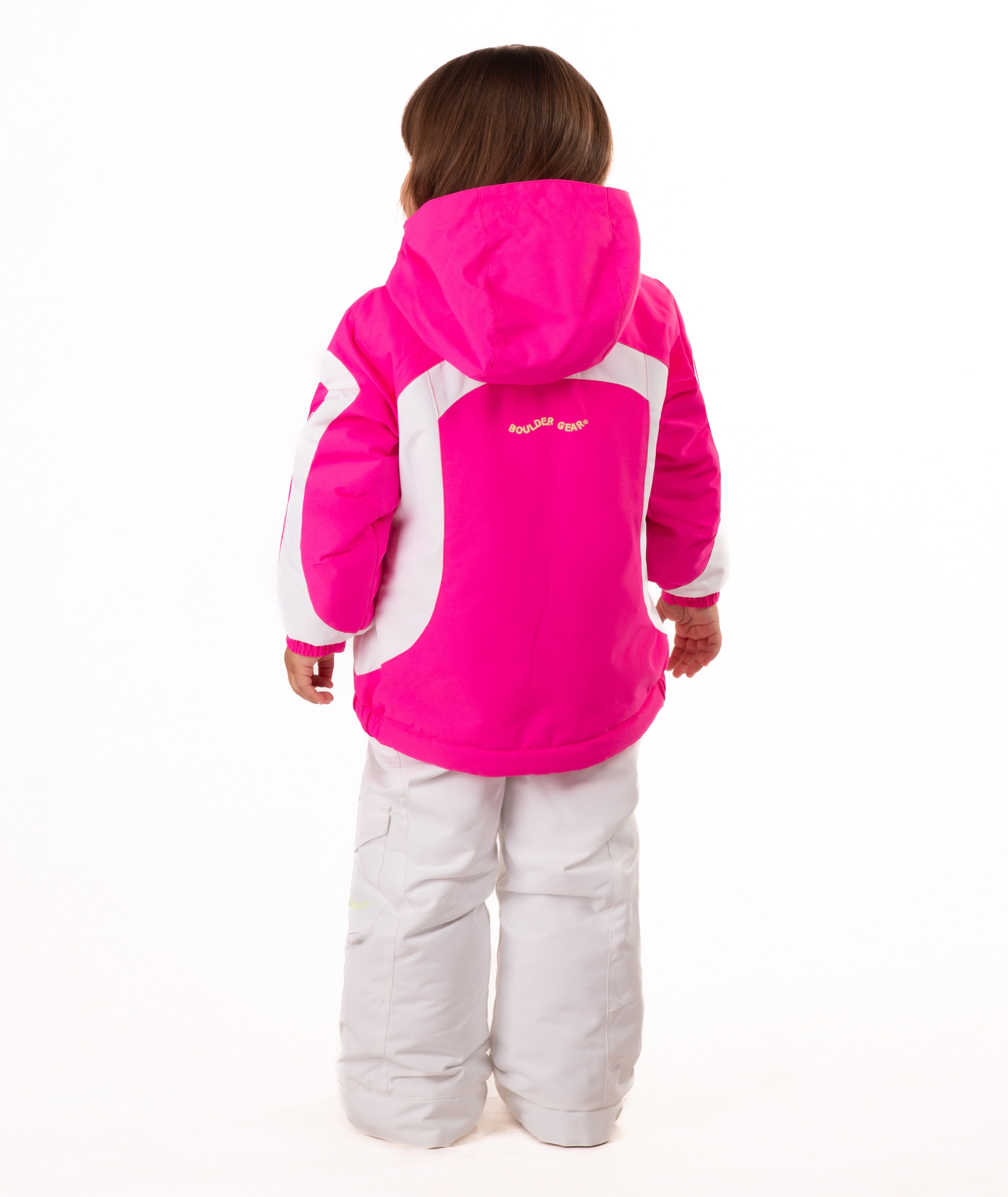 Child wearing a bright pink and white jacket on a white background