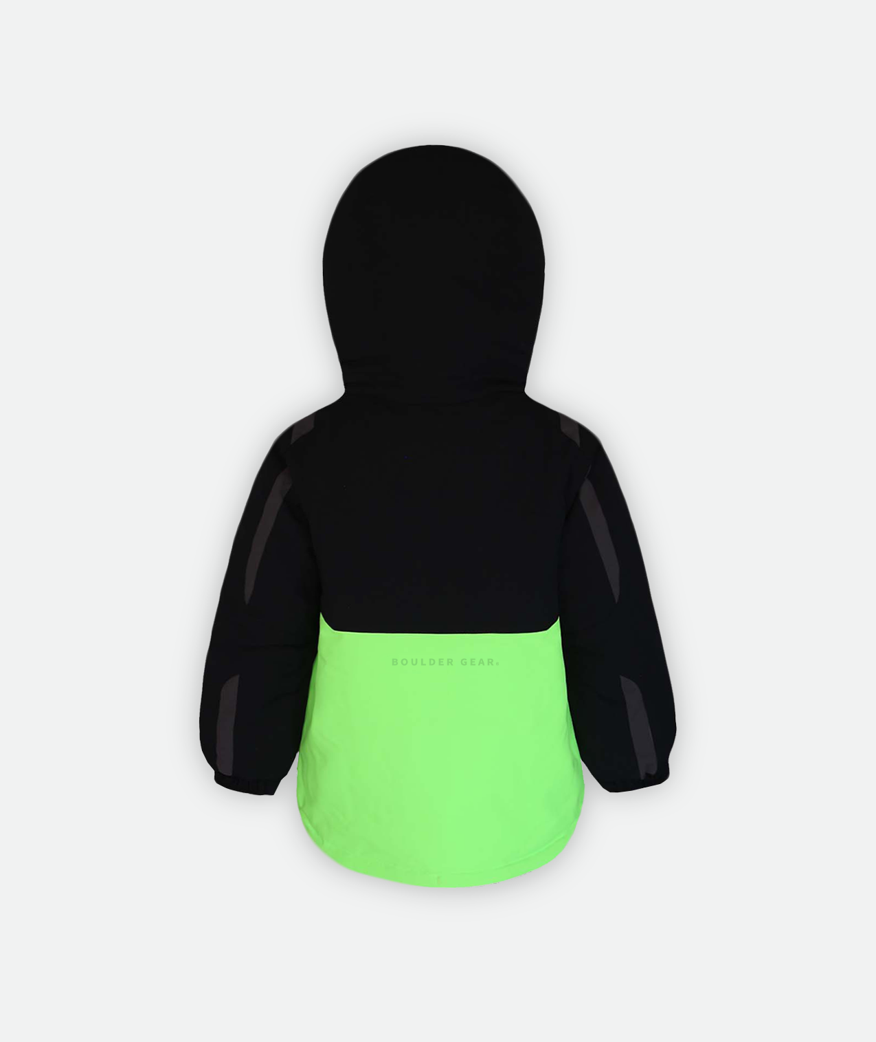 back of a kid's winter jacket in black and green and a hood on a white background